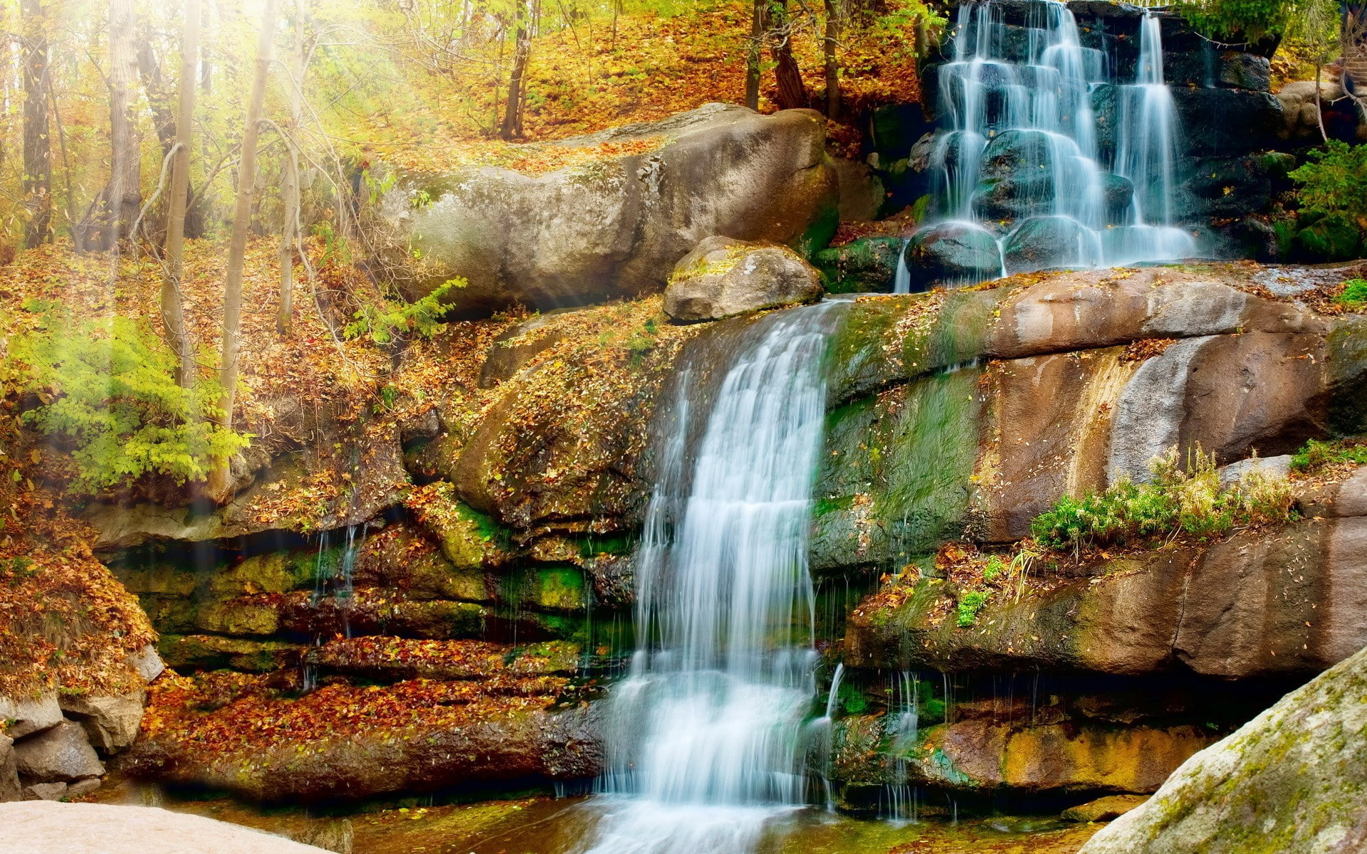 rock formation, long exposure, rock - object, stream - flowing water, forest, flowing water, solid, water, waterfall, beautifull pictures of nature 1920x1200, HD Wallpaper