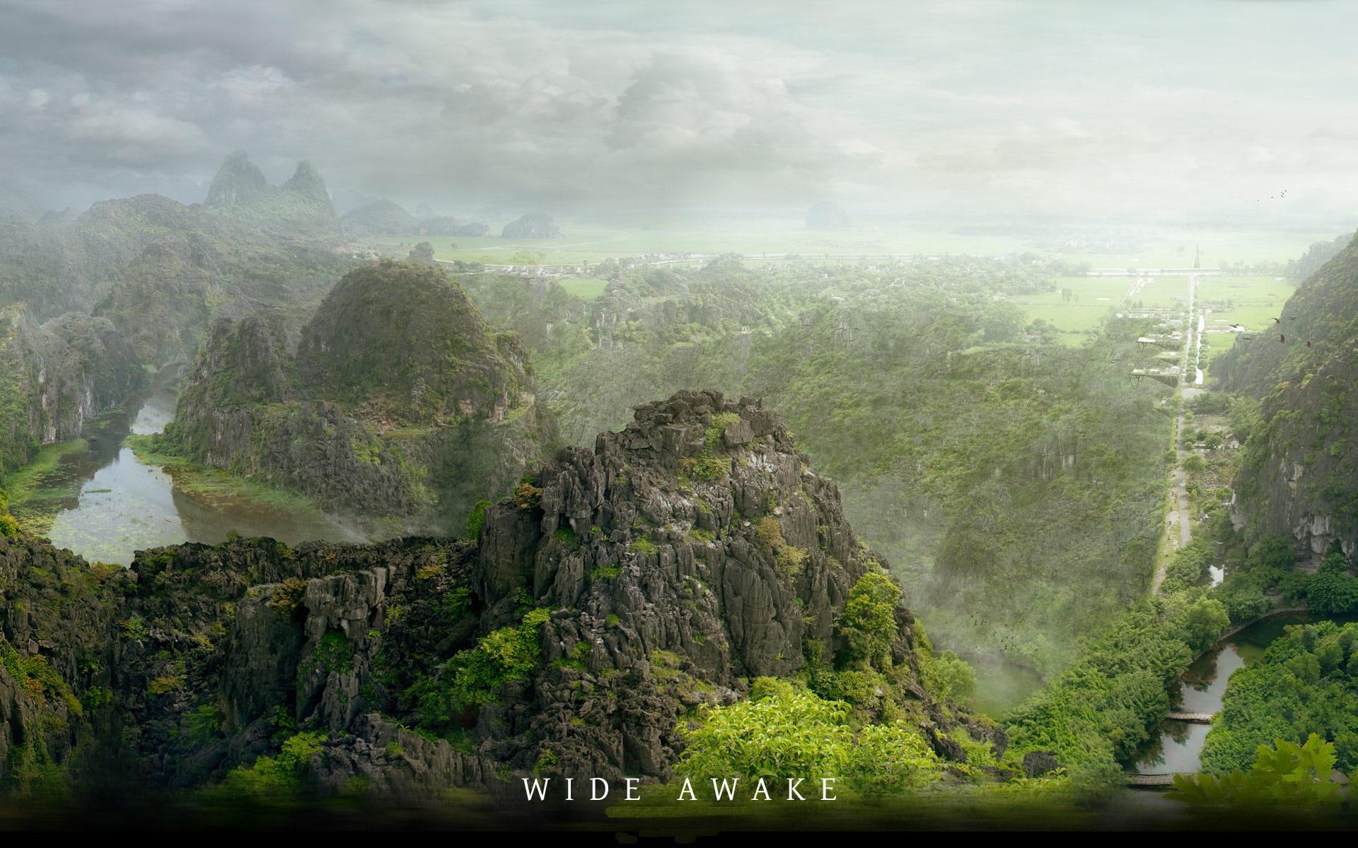 1080P, trees, wide, mountains, clouds, awake, bridges, 3d and abstract, river, HD Wallpaper