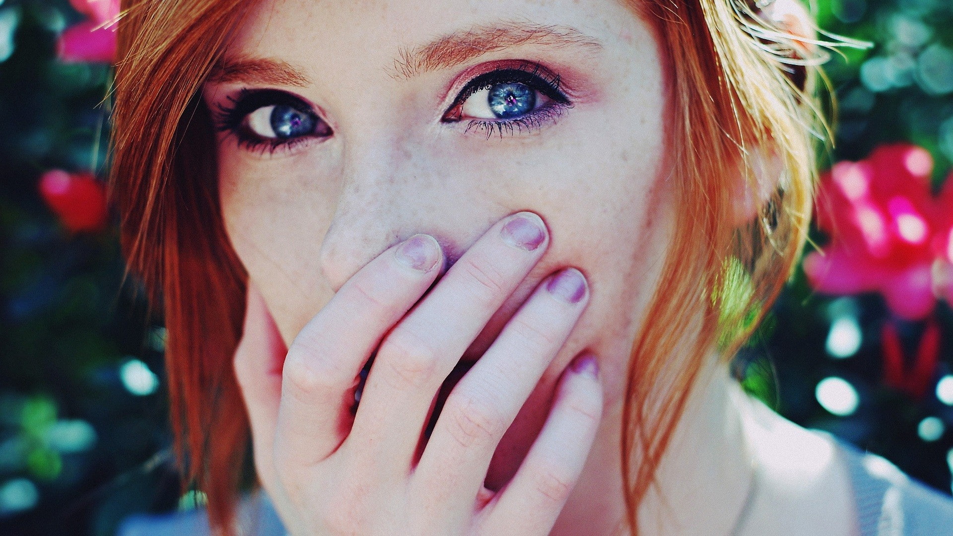 hands, blue eyes, flowers, looking at viewer, women, closeup, model, 1080P, face, covering face, painted nails, freckles, eyes, redhead, HD Wallpaper