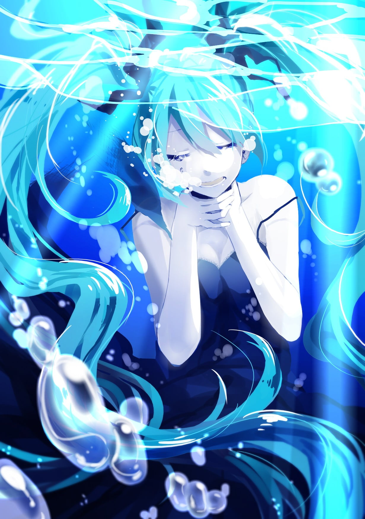 shiny, anime girls, science, cyborg, black dress, no people, close-up, blue, full frame, anime, studio shot, long hair, Hatsune Miku, robot, representation, Phone HD Wallpaper