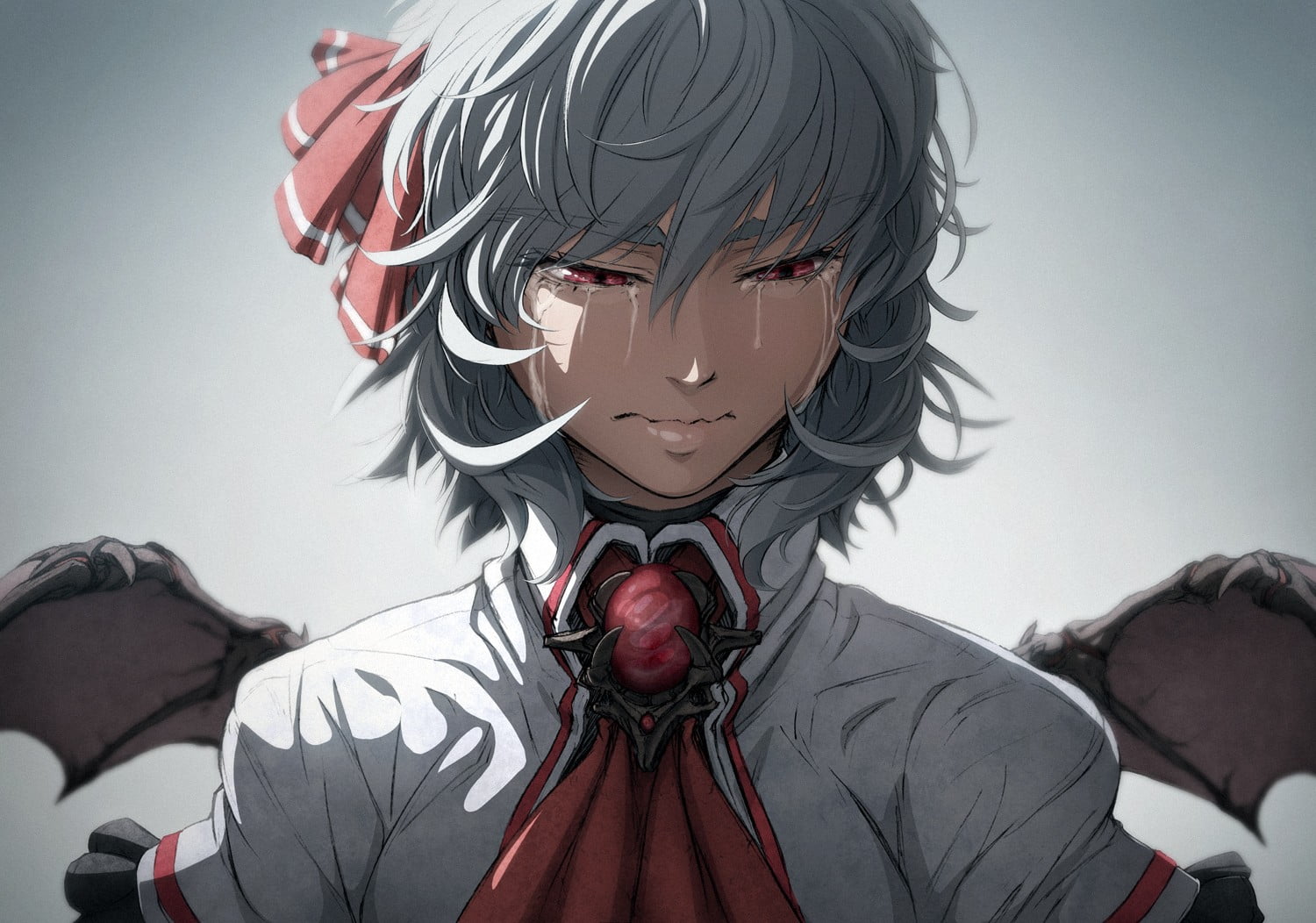 male, short hair, gray background, offspring, men, upset, red eyes, unrecognizable person, obscured face, Touhou, tears, red, human face, sad, close-up, HD Wallpaper