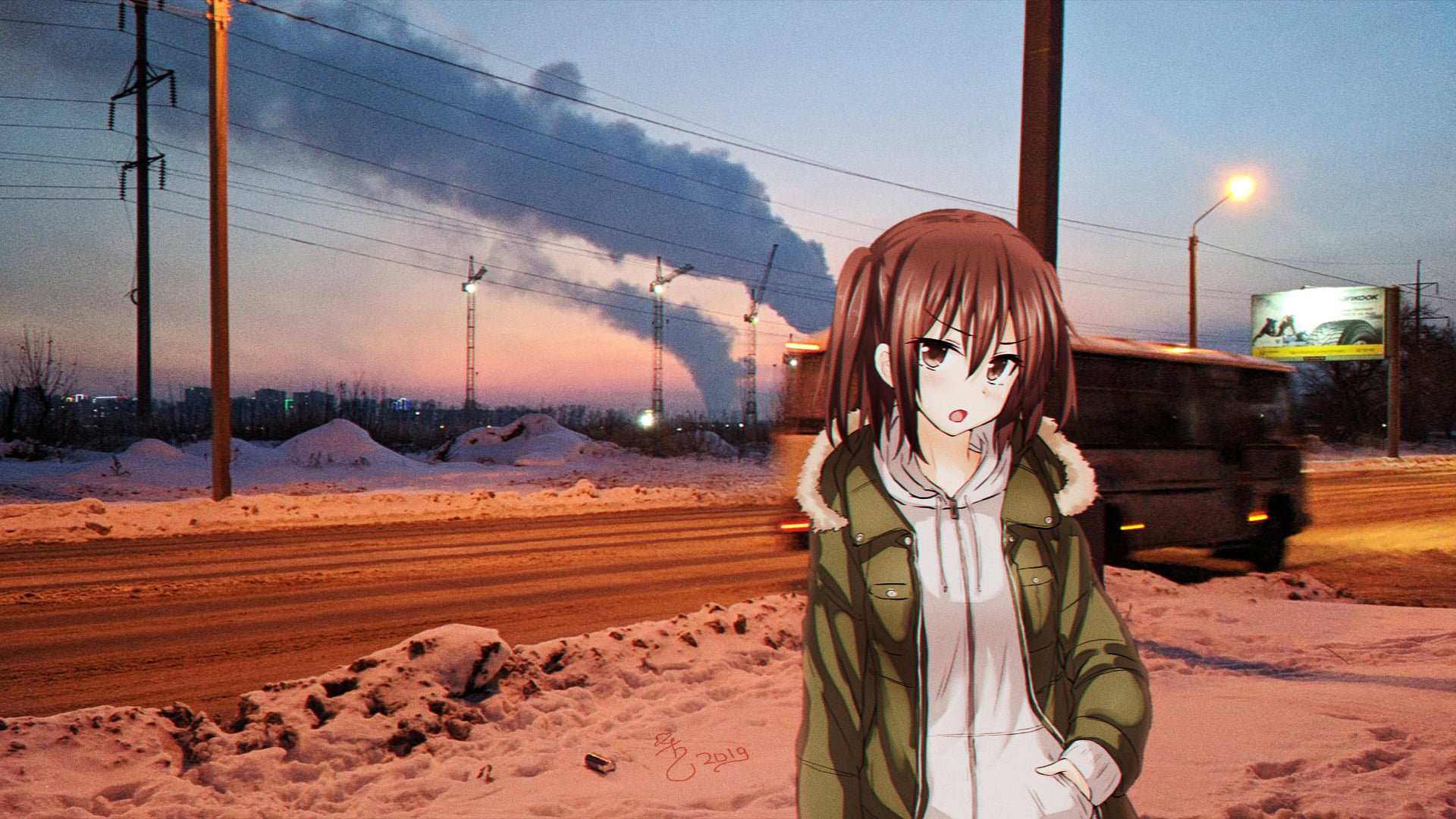 1080P, upset, road, angry, Russia, orange, anime girls, buses, evening, winter, anime, anime_irl, HD Wallpaper
