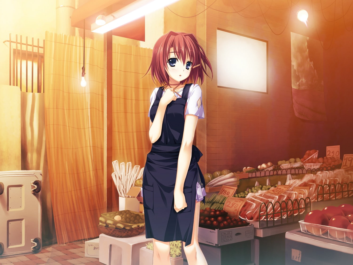 markets, anime girls, anime, embarrassed, 720P, apron, HD Wallpaper