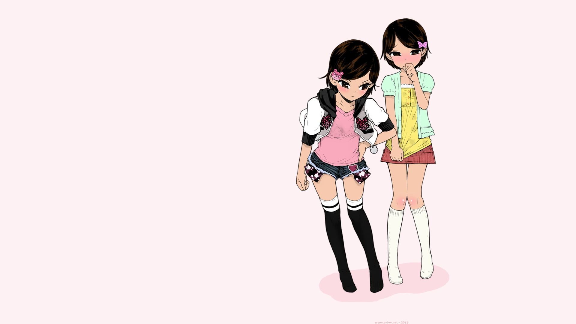 1080P, two people, teenager, copy space, people, Minasuki Popuri, glasses, girls, standing, cut out, colored background, short skirt, white background, HD Wallpaper