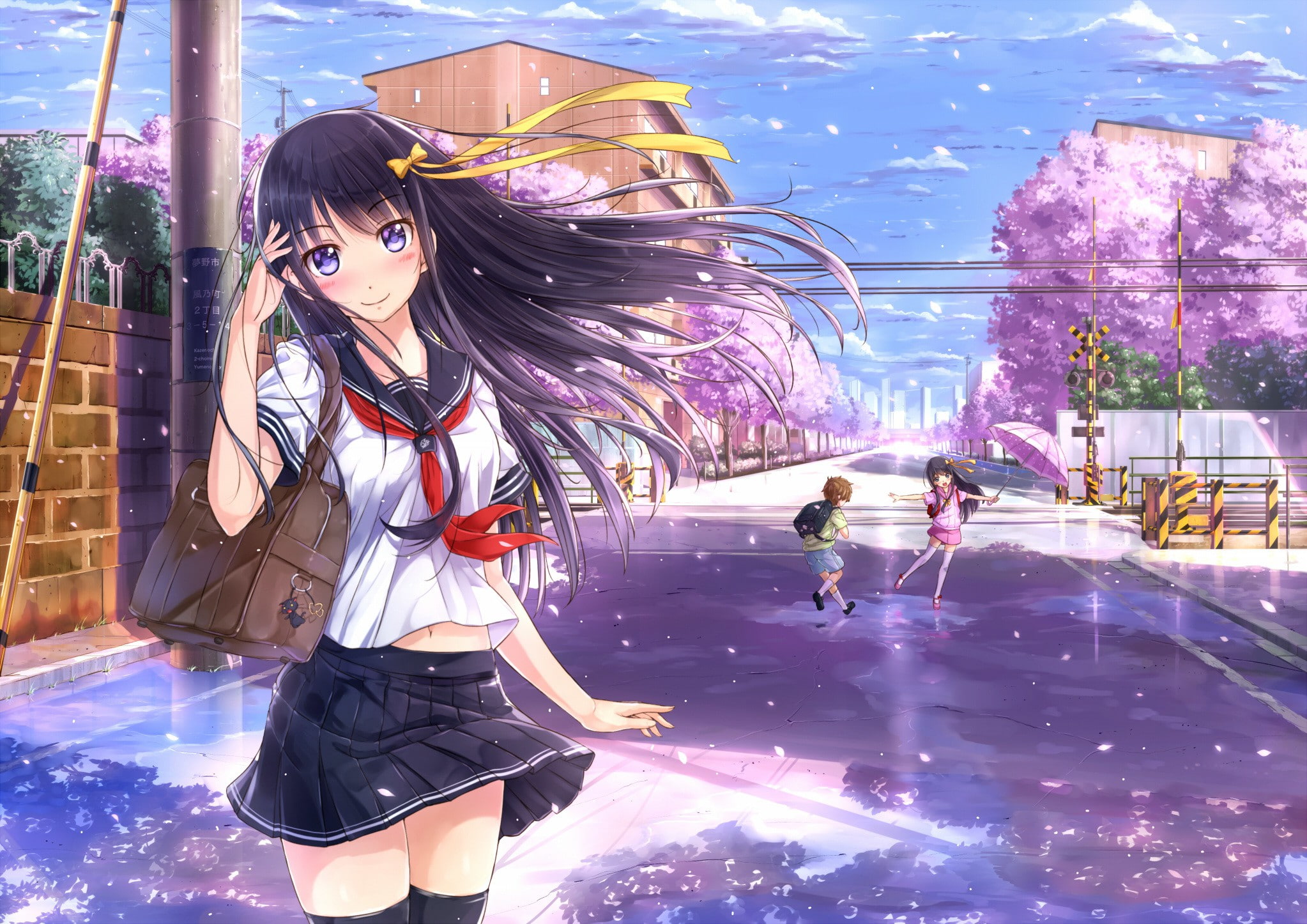 embarrassment, kazeno, sakura, children, character, street, smile, anime, girl, look, 1080P, art, HD Wallpaper