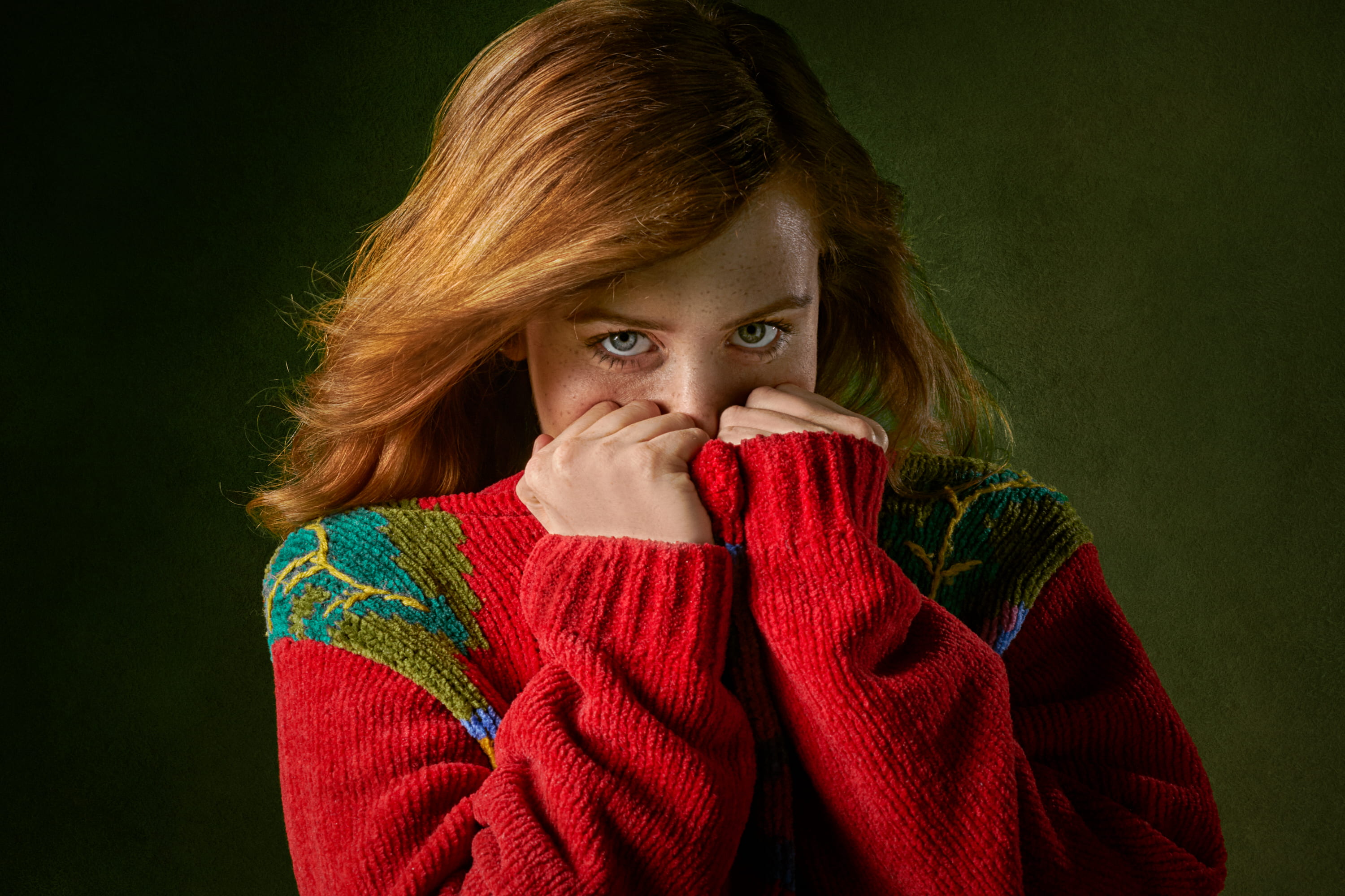 woman, hair, 2K, depression - sadness, hidden, body part, studio shot, red head, female, wearing, teenager, one person, sweater, hide, freckle, photo, HD Wallpaper