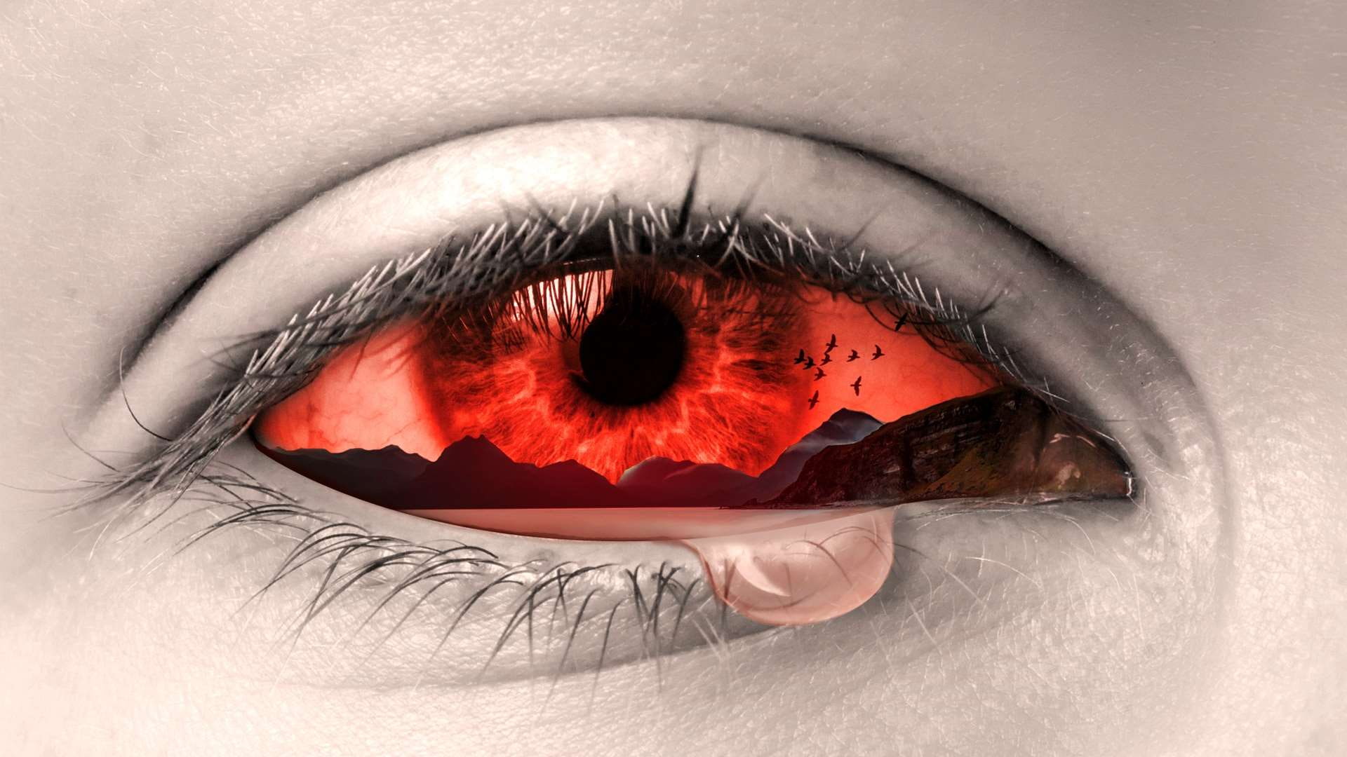 human body part, beautiful woman, dusk, iris - eye, landscape, 1080P, red, adult, manipulation, human face, women, design, evening, sadness, eye, unrecognizable person, HD Wallpaper