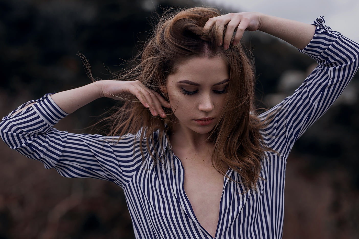 portrait, hairstyle, striped, one person, shirt, waist up, human limb, human arm, 720P, brown hair, depth of field, young adult, arms raised, Ksenia Kokoreva, HD Wallpaper