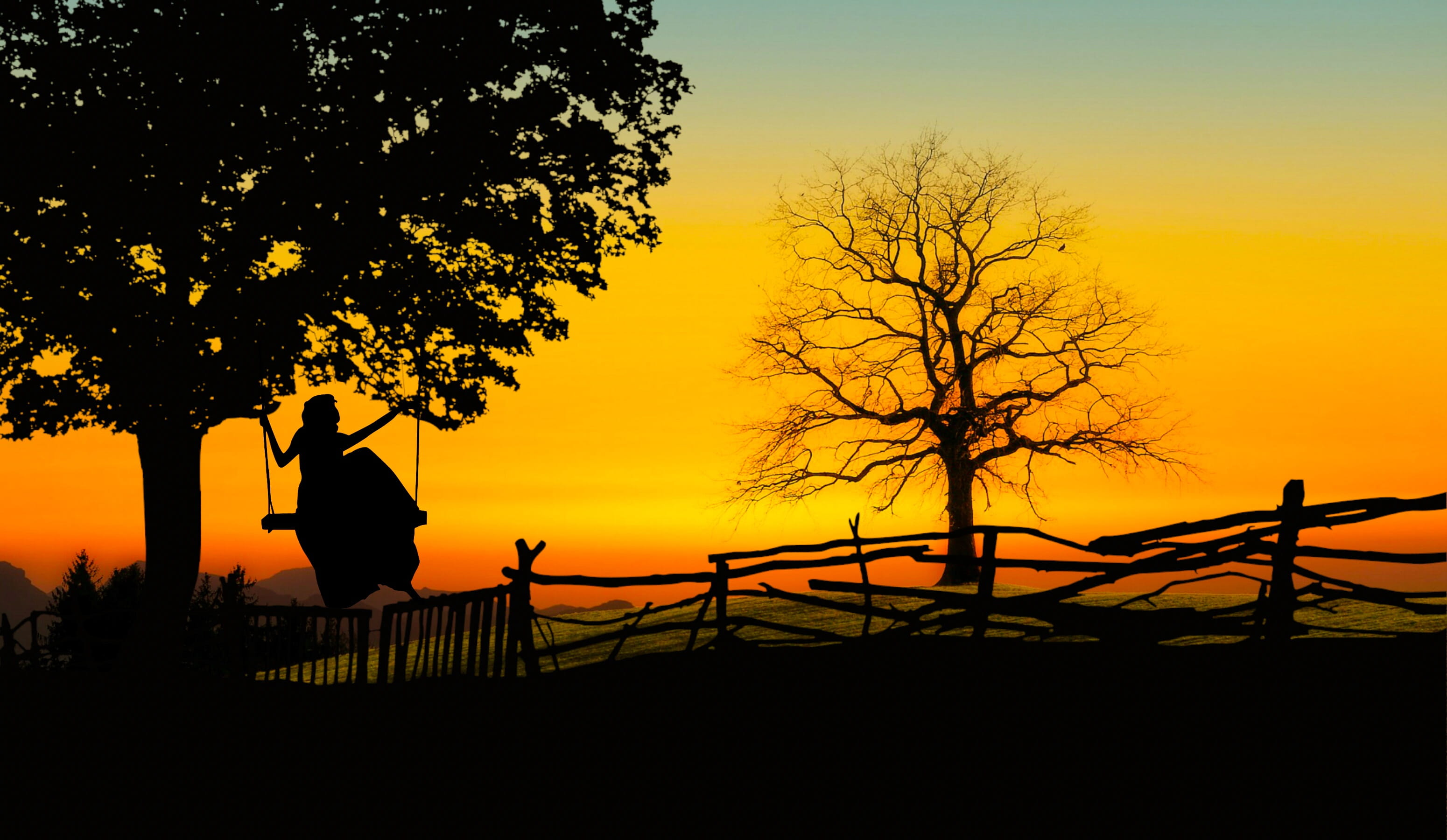 evening, silhouette, looking at view, scenics - nature, lifestyles, orange color, nature, dawn, sitting, weather, night, rear view, watching, wood, girl, HD Wallpaper