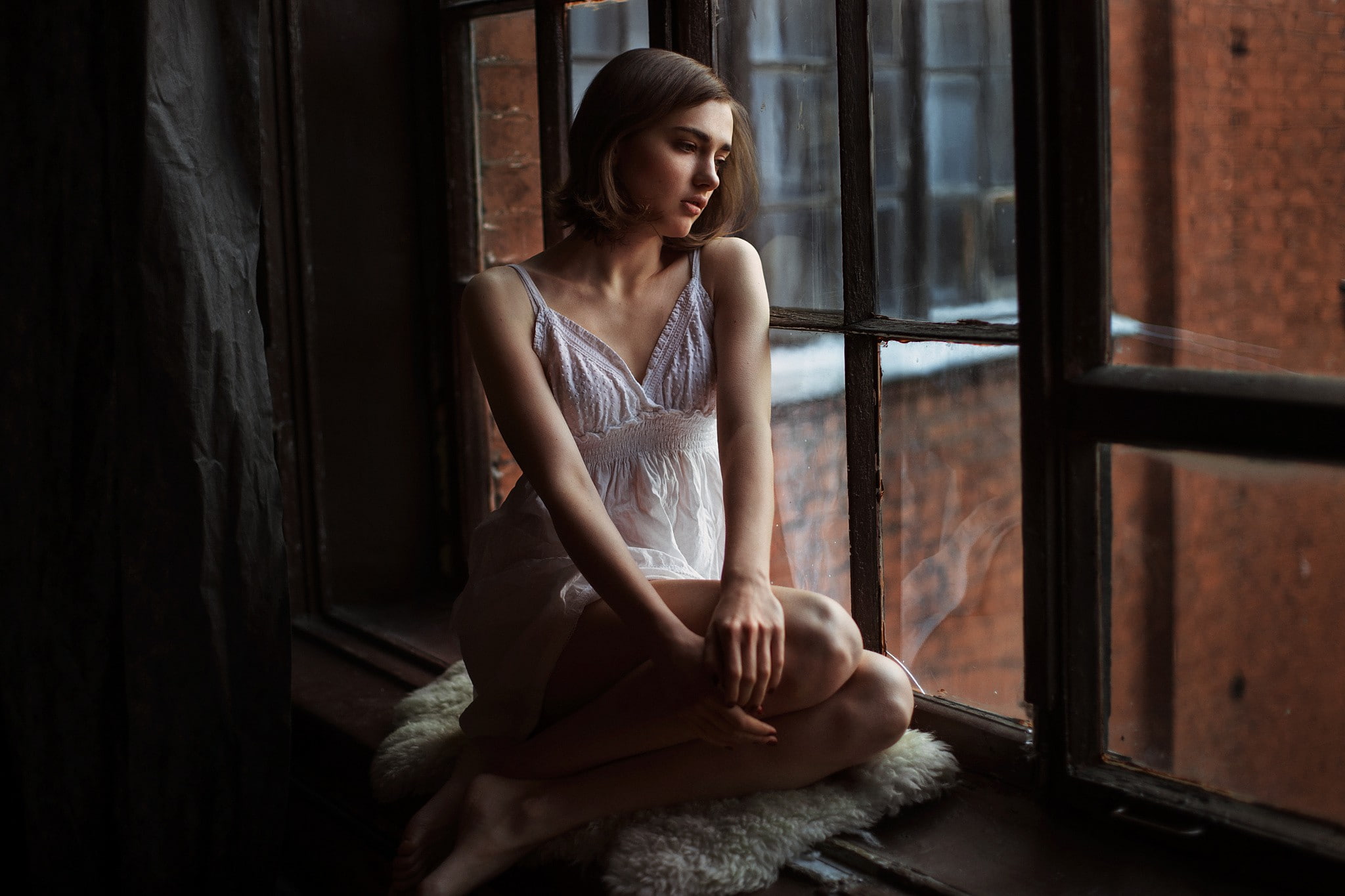 contemplation, young women, beautiful woman, window, one person, relaxation, Evgeniy Reshetov, depression - sadness, full length, white clothing, women, HD Wallpaper
