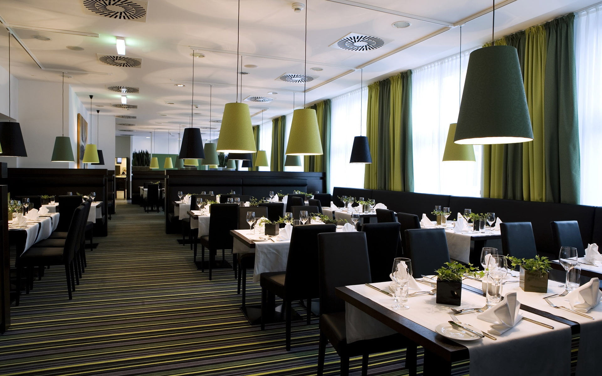 light, electric Lamp, chairs, dinner, in a row, decor, window, absence, decoration, modern, style, white, restaurant, elegance, black, domestic Room, 1080P, HD Wallpaper