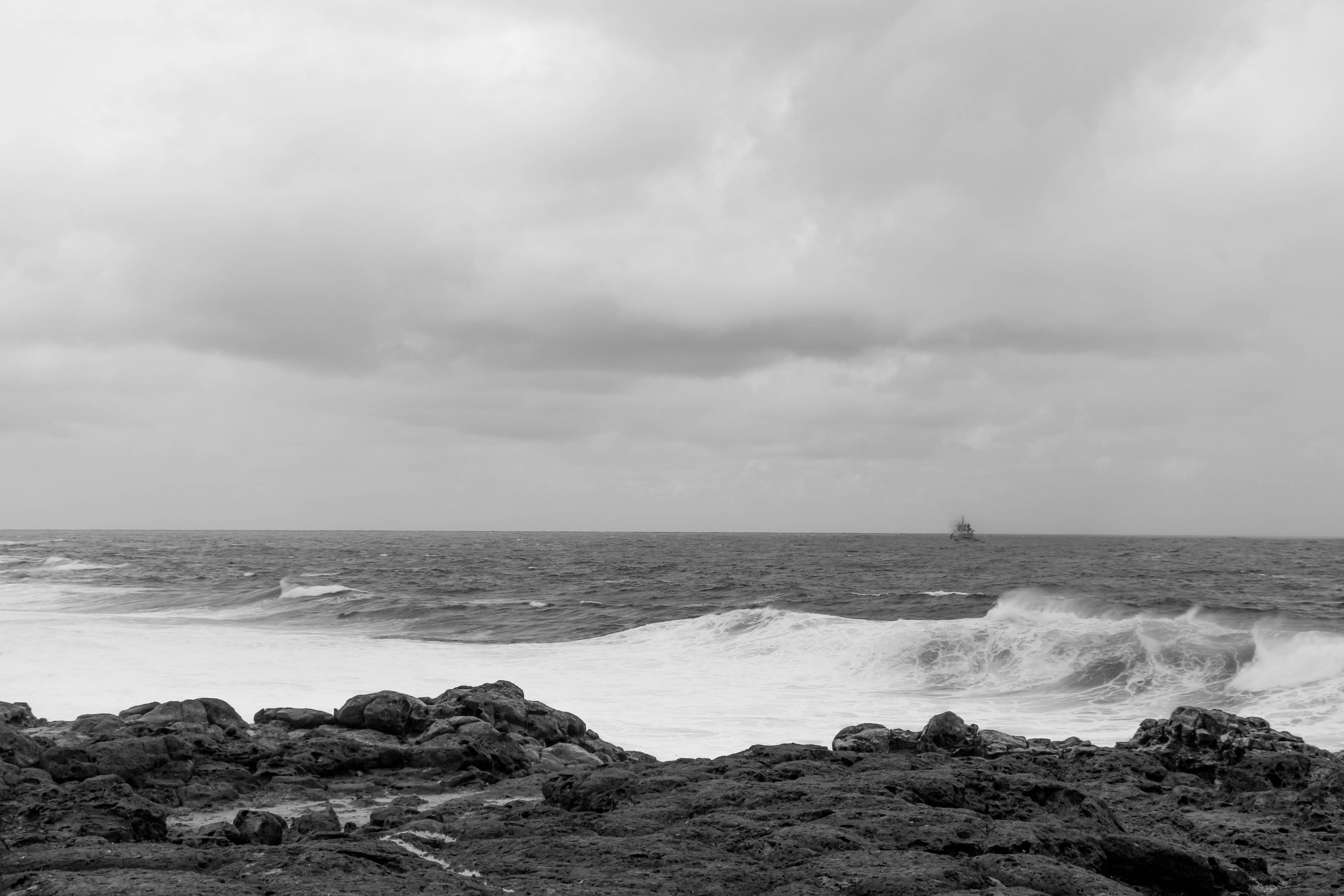 wave, stone, colorless, ocean, no people, rock, water, beauty in nature, rocky coastline, non-urban scene, outdoors, rock - object, nature, 4K, powerful, HD Wallpaper