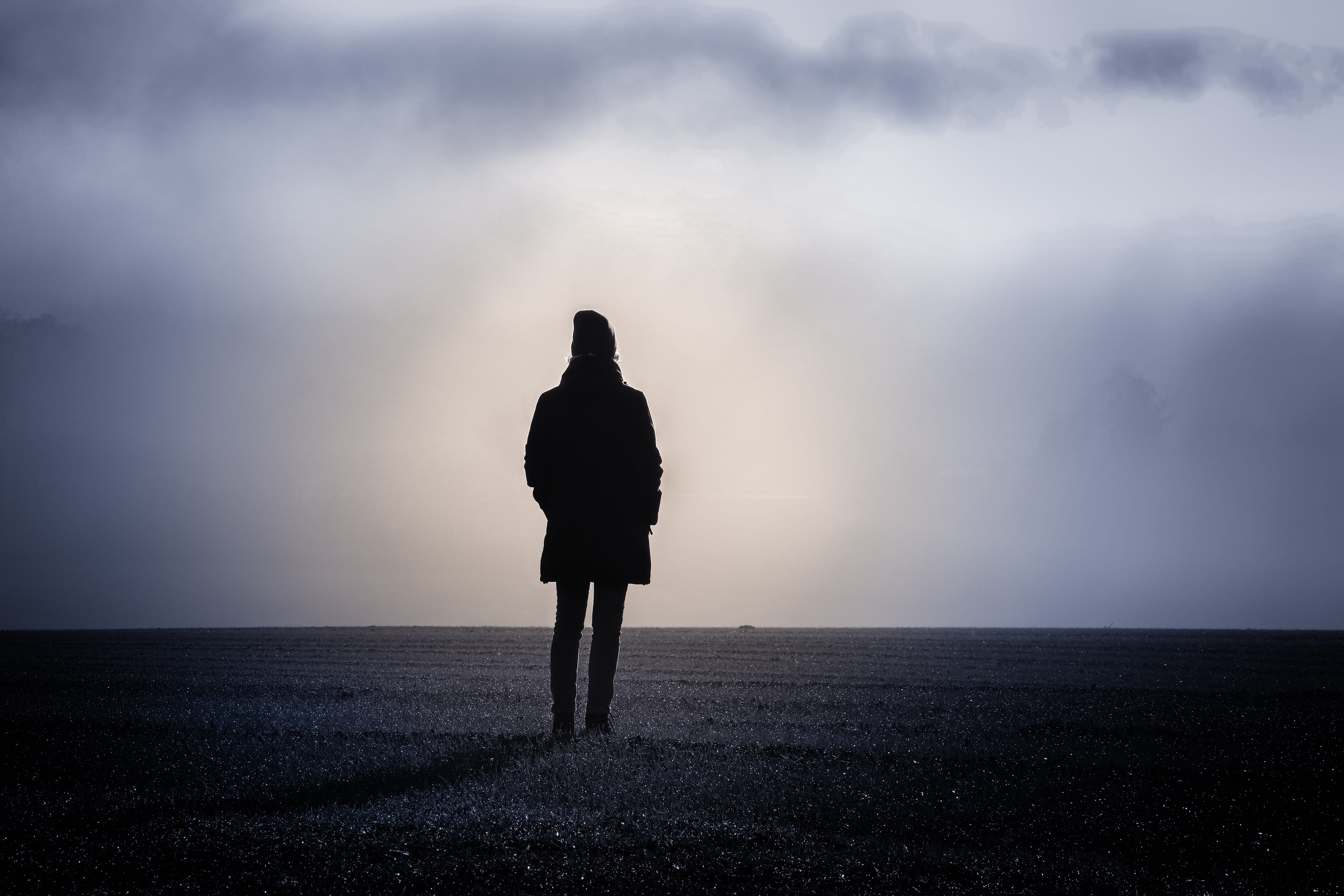 cold, woman, standing, sunrise, colorless, lifestyles, real people, wanderer, one person, winter, nature, full length, 5K, dawn, landscape, scenics - nature, HD Wallpaper
