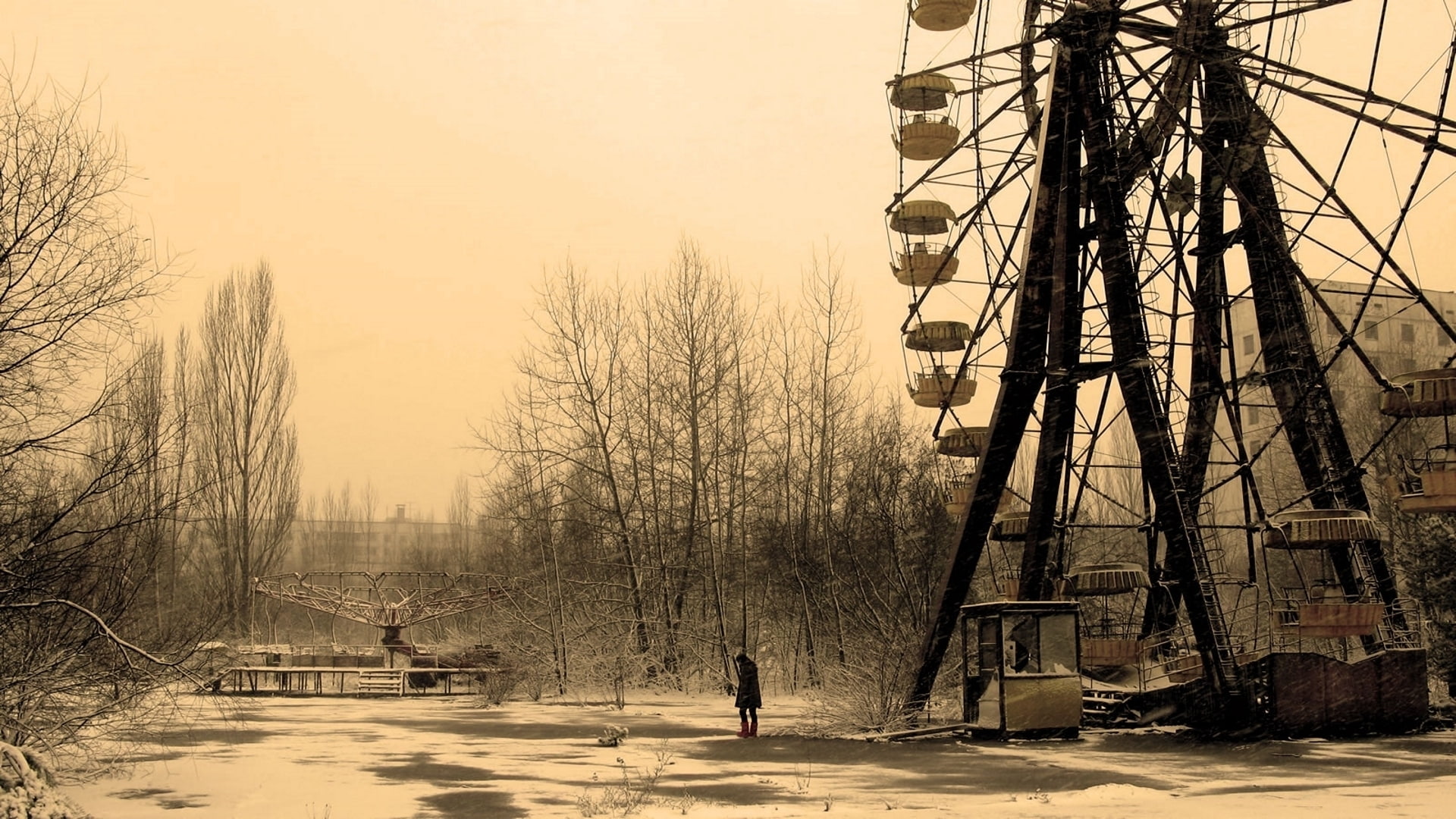 winter, alone, black, ferris, ferris wheel, 1080P, snow, wheel, apocalyptic, illustration, HD Wallpaper