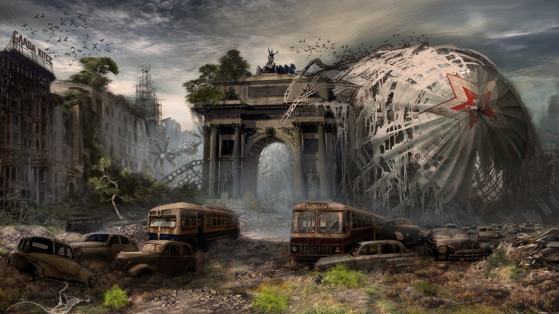history, ruined, motor vehicle, land vehicle, sky, cityscape, plant, 1080P, deterioration, run-down, abandoned, day, damaged, building exterior, ruin, HD Wallpaper