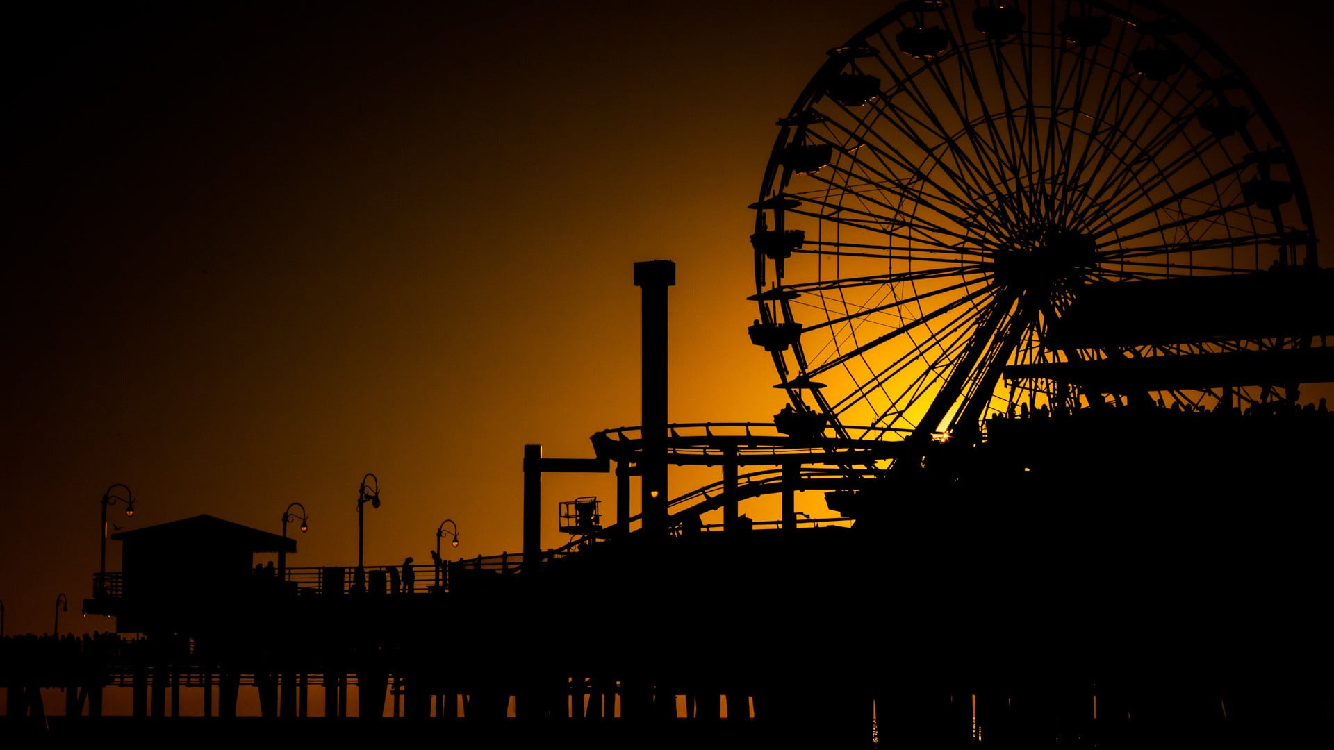 night, outdoors, ferris wheel, orange color, fairground, amusement park, pier, copy space, street light, sunset, black, clear sky, arts culture and entertainment, HD Wallpaper
