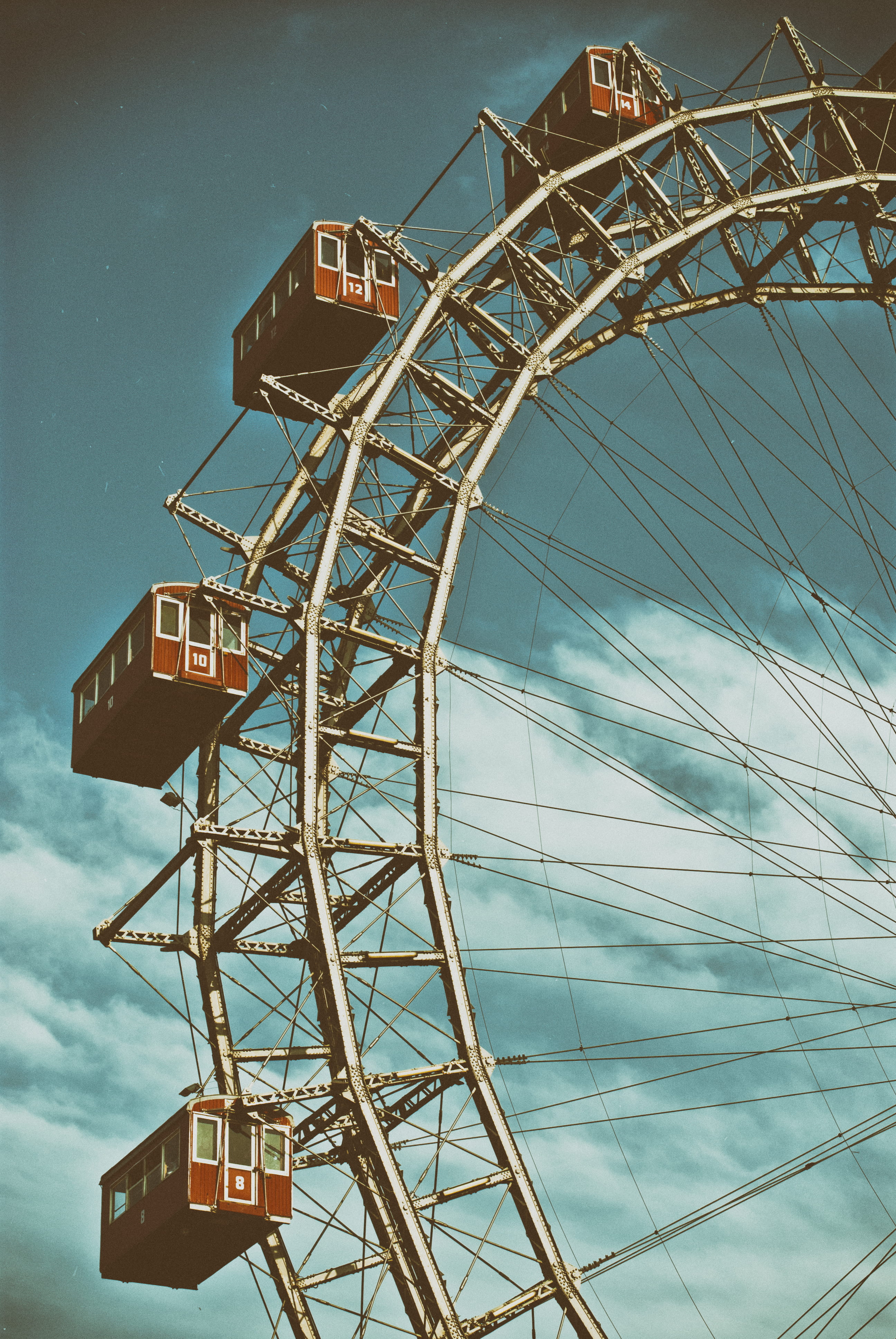 fairground, riesenrad, red, low angle view, carriage, architecture, day, no people, built structure, arts culture and entertainment, sky, western script, Phone HD Wallpaper
