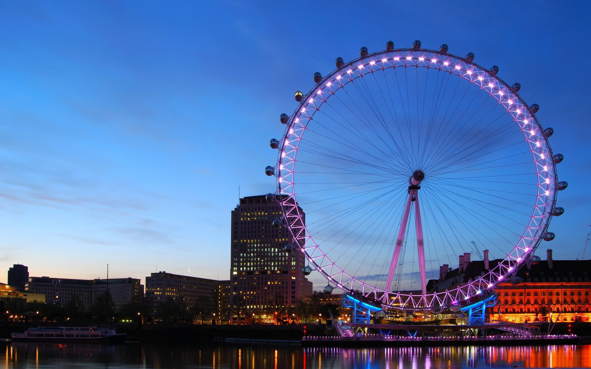 eye, River Thames, tourism, office building exterior, dusk, built structure, travel, outdoors, illuminated, ferris wheel, night, nature, london, bridge - man made structure, HD Wallpaper