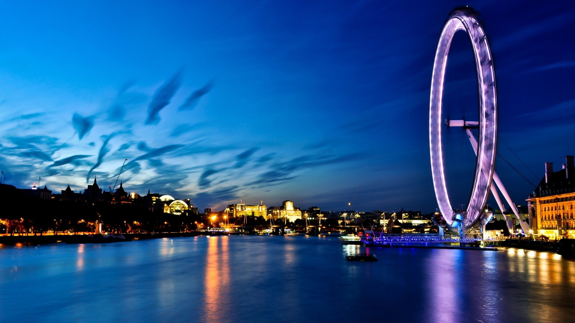 waterfront, city, sky, building exterior, nature, 1080P, River Thames, amusement park, outdoors, office building exterior, arts culture and entertainment, HD Wallpaper