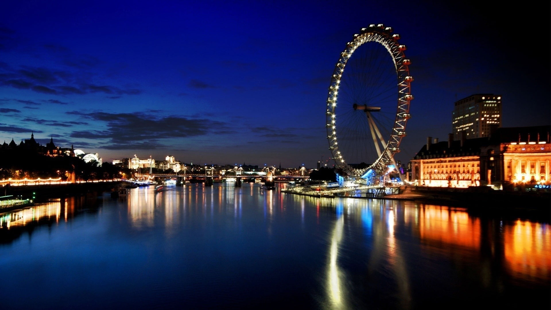 River Thames, London, night, lights, cityscape, river, water, UK, London Eye, 1080P, reflection, HD Wallpaper