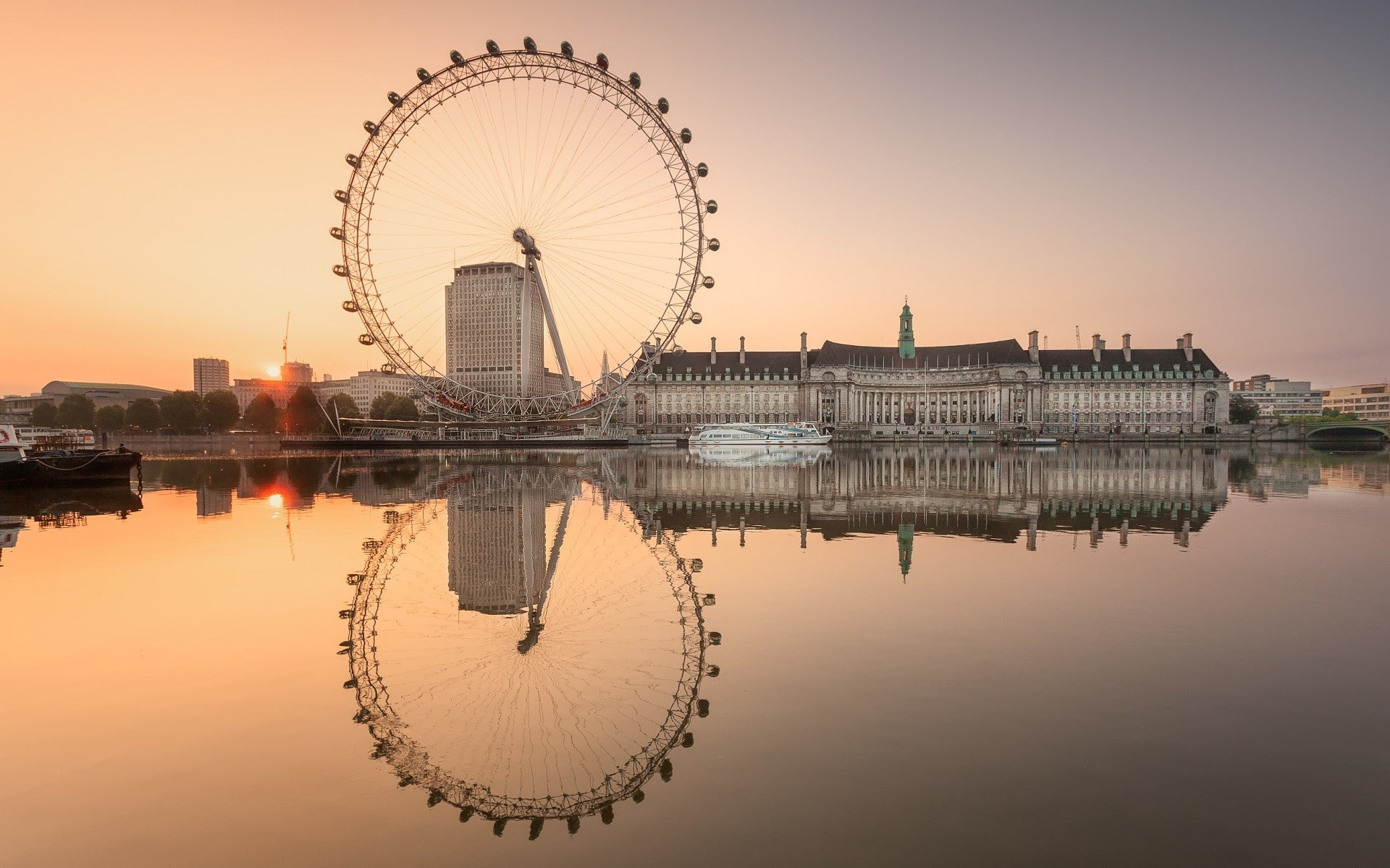 architecture, London Eye, 1080P, river, sunset, River Thames, city, sea, England, water, ferris wheel, London, reflection, HD Wallpaper
