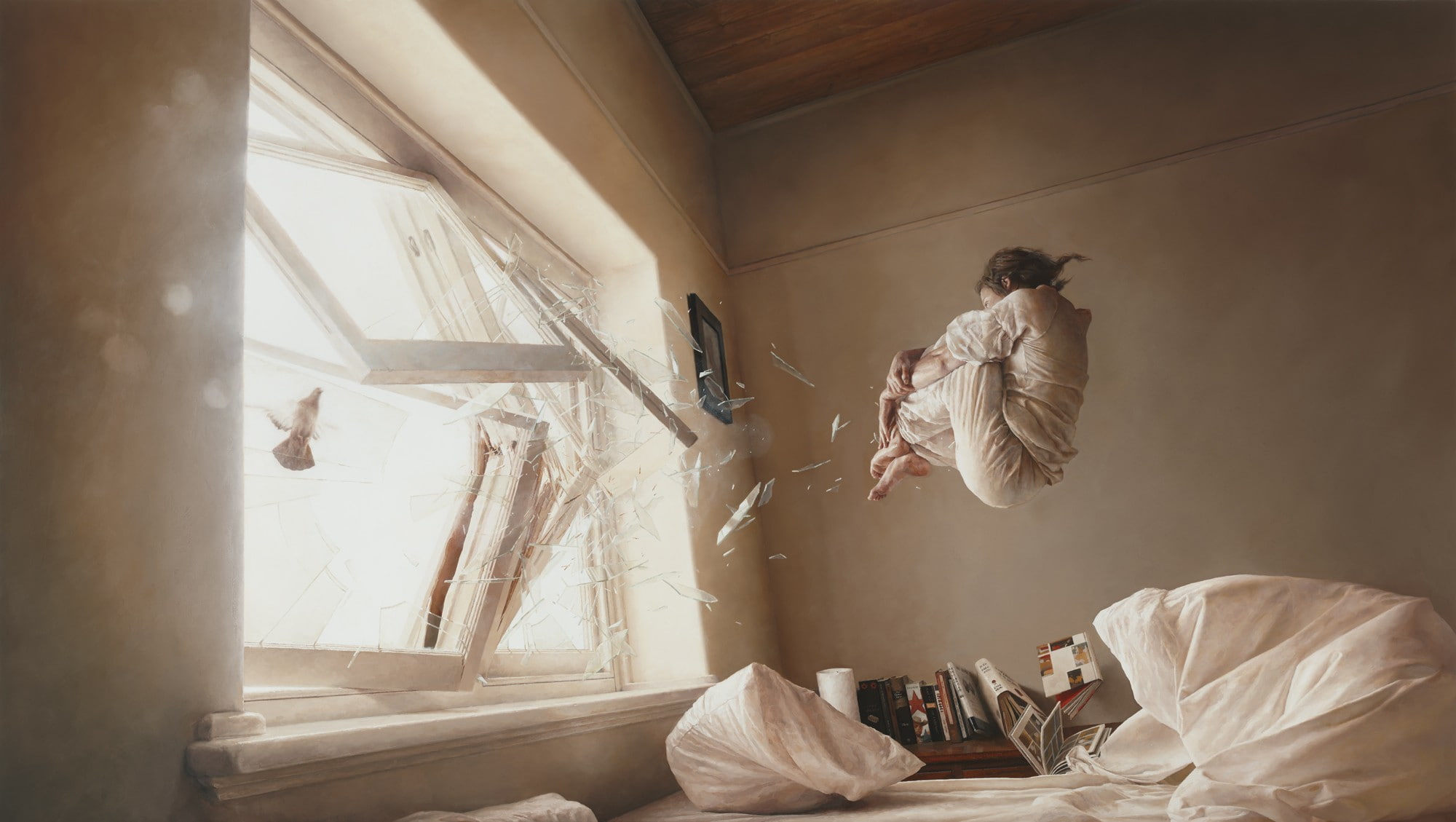 architecture, one person, hanging, indoors, ceiling, wall - building feature, lifestyles, leisure activity, real people, furniture, domestic room, broken glass, HD Wallpaper
