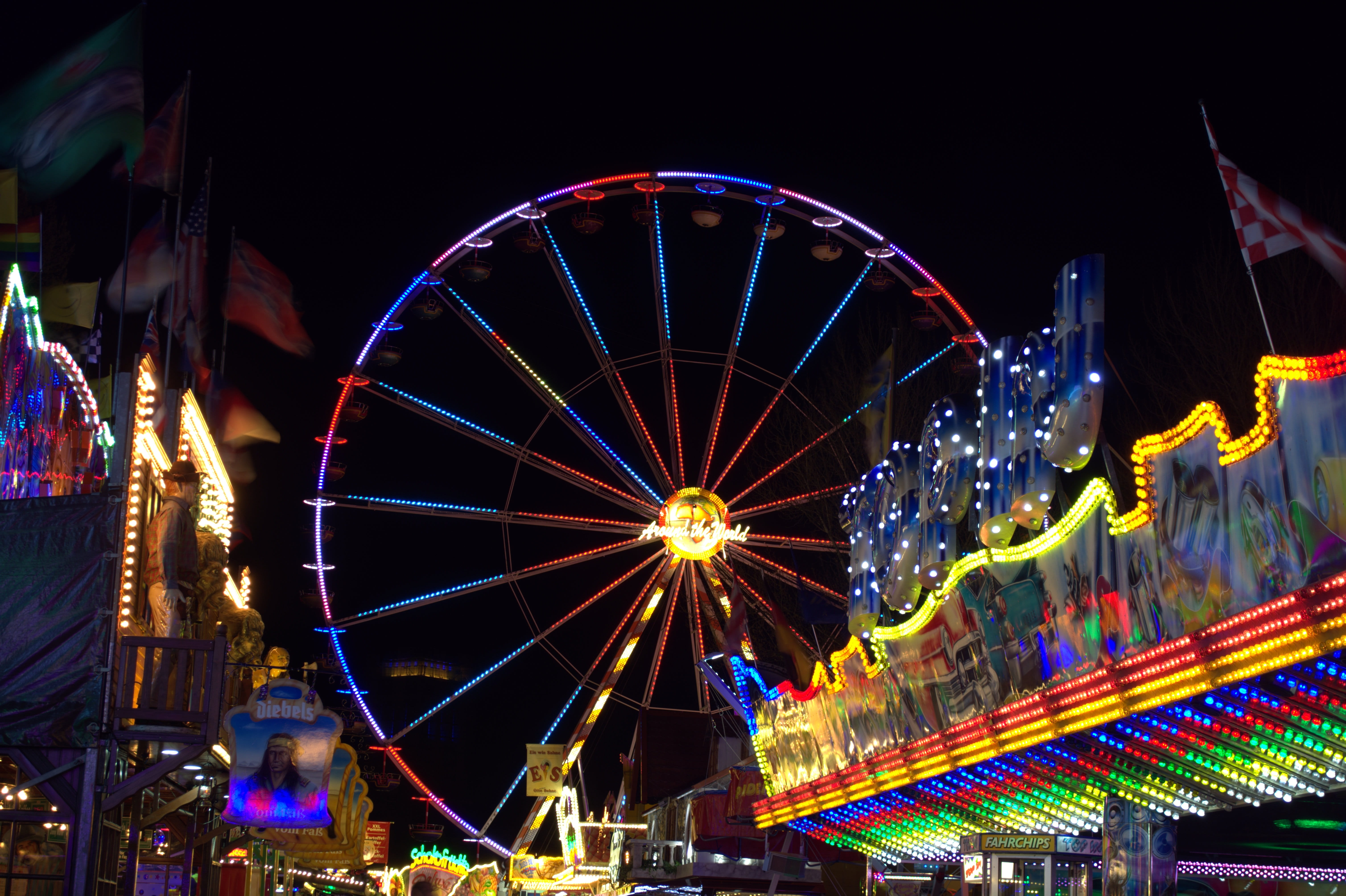 carnival, wheel, traveling Carnival, motion, no people, low angle view, lights, fun, ride, sky, ferris, 5K, geometric shape, night photograph, built structure, HD Wallpaper