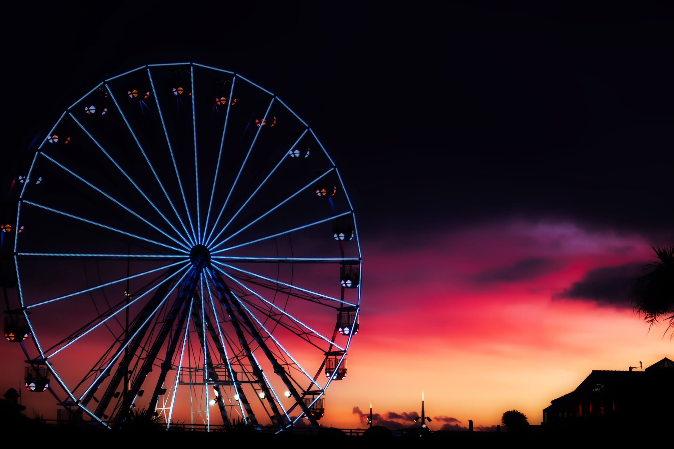 clouds, gray, bournemouth, traveling carnival, illuminated, nightlife, built structure, hdr, great britain, dusk, tourism, sunset, fun, amusement park, HD Wallpaper