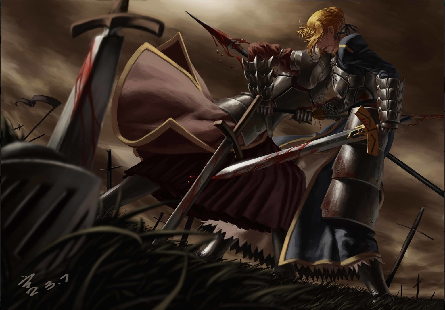 art, arturia, blade, fatestay, fateunlimited, stay, pendragon, saber, fate, weapons, Fate/stay Night, armor, hd, works, blood, s, 720P, night, anime, HD Wallpaper