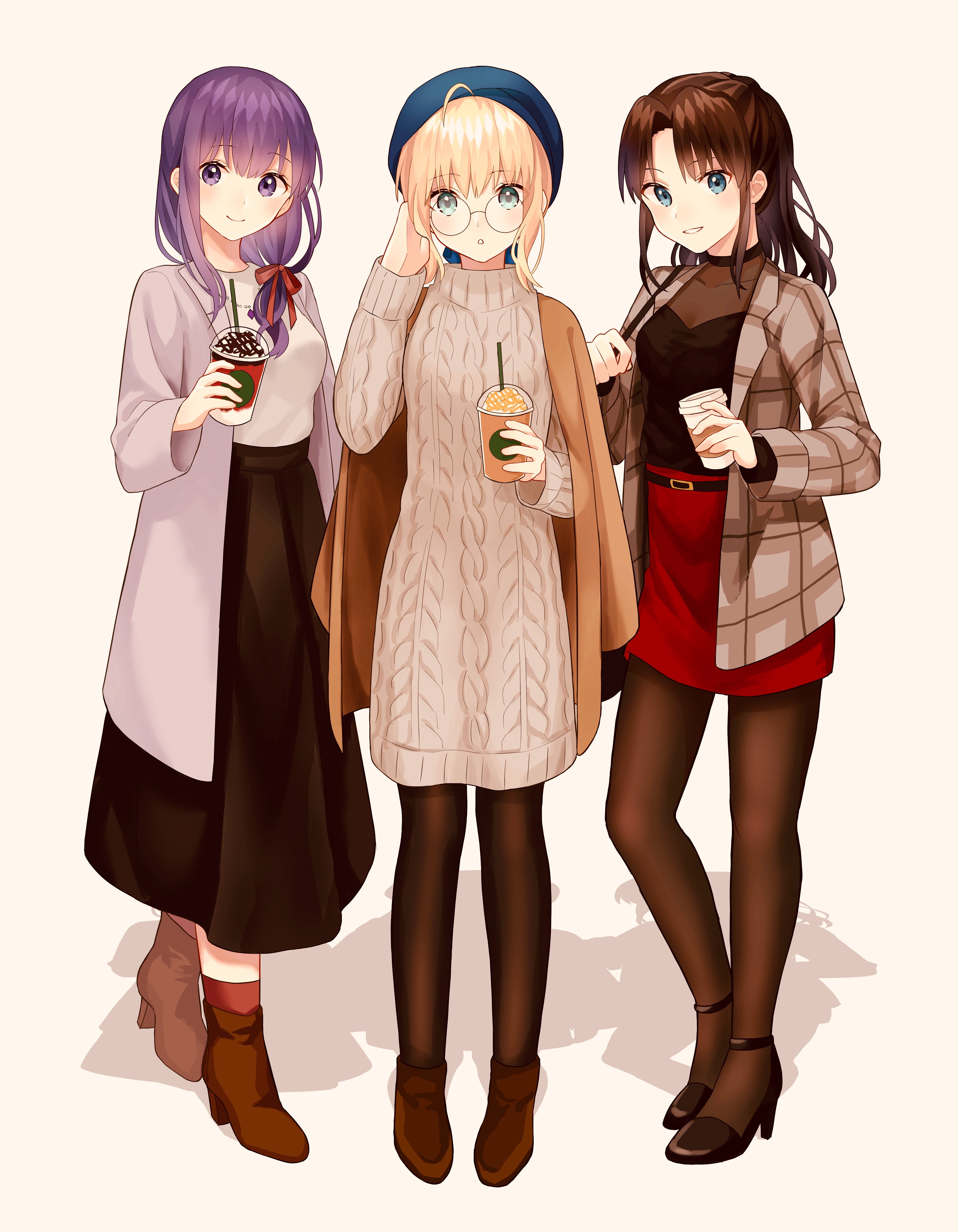 Fate Series, violet hair, Arturia Pendragon, Tohsaka Rin, blond hair, 5K, Saber, anime girls, black stockings, blue eyes, Fate/Stay Night, simple background, Phone HD Wallpaper