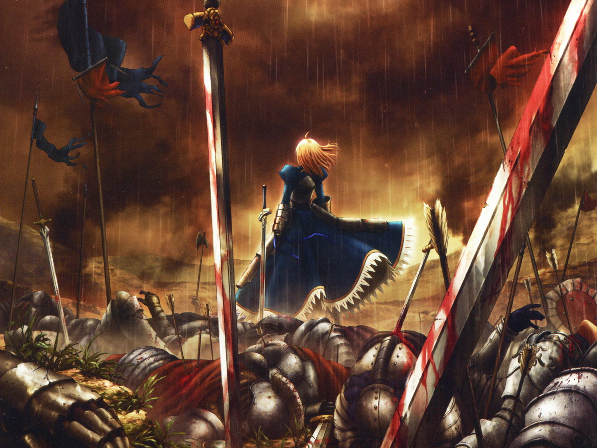 anime, arturia, 1080P, sword, blood, rain, fate, pendragon, saber, HD Wallpaper