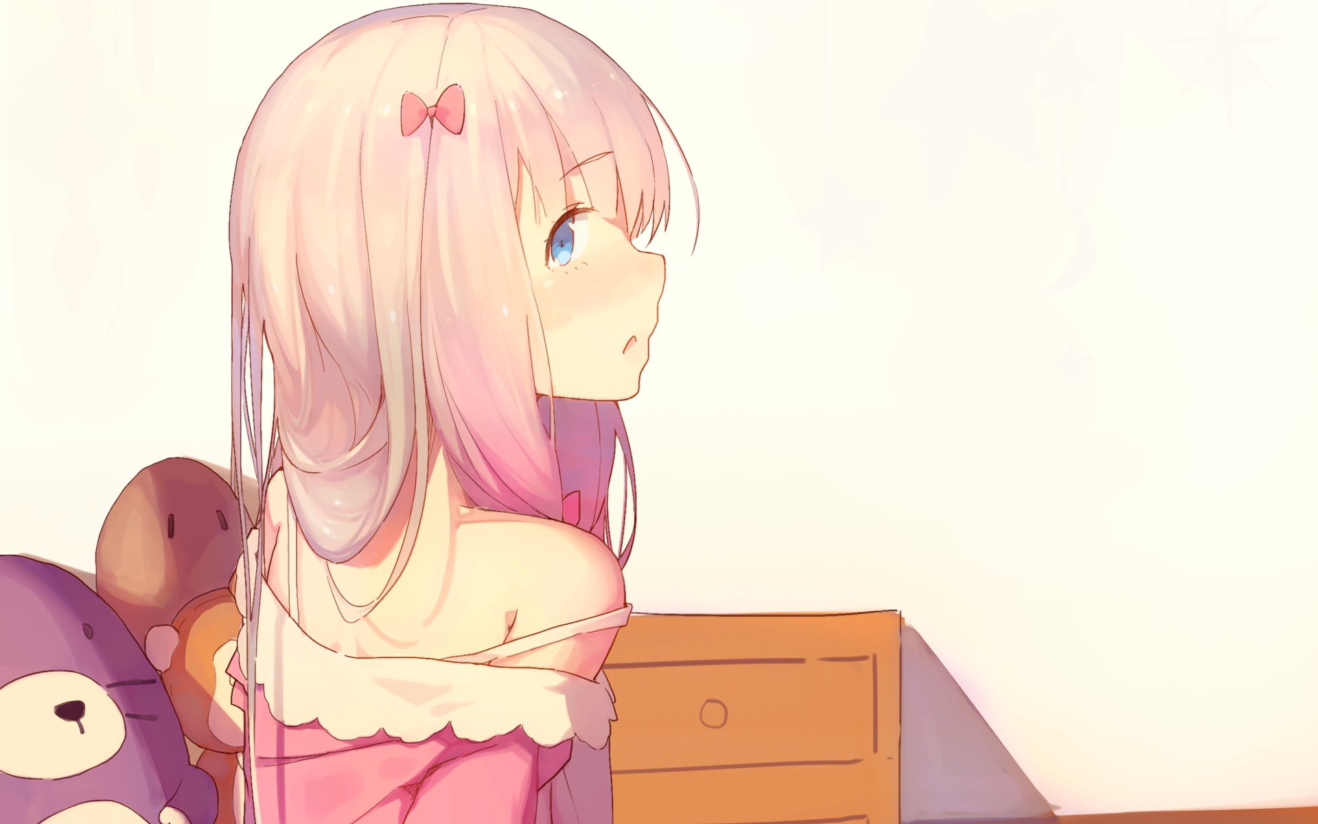 blue eyes, wall - building feature, pink color, indoors, art and craft, still life, copy space, no people, representation, Eromanga-sensei, close-up, studio shot, HD Wallpaper