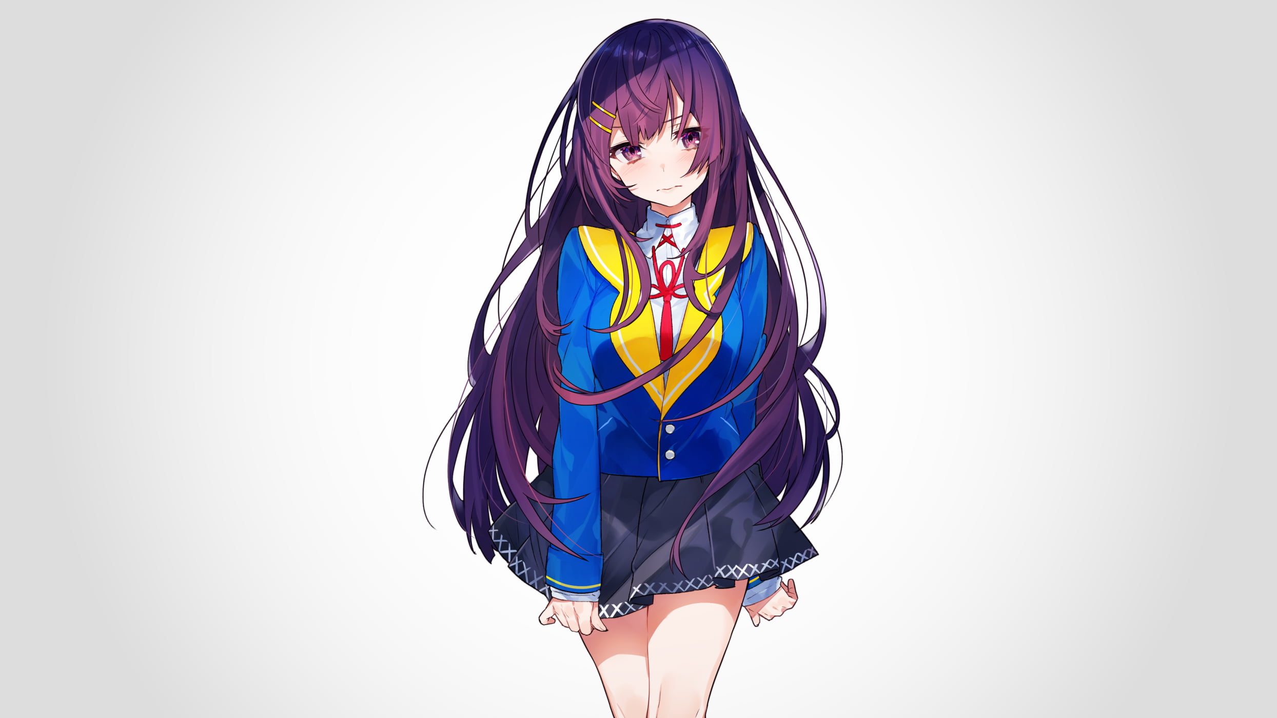 drawing, digital art, simple background, school uniform, purple hair, mika pikazo, 2D, anime, 1080P, artwork, anime girls, vignette, white background, HD Wallpaper