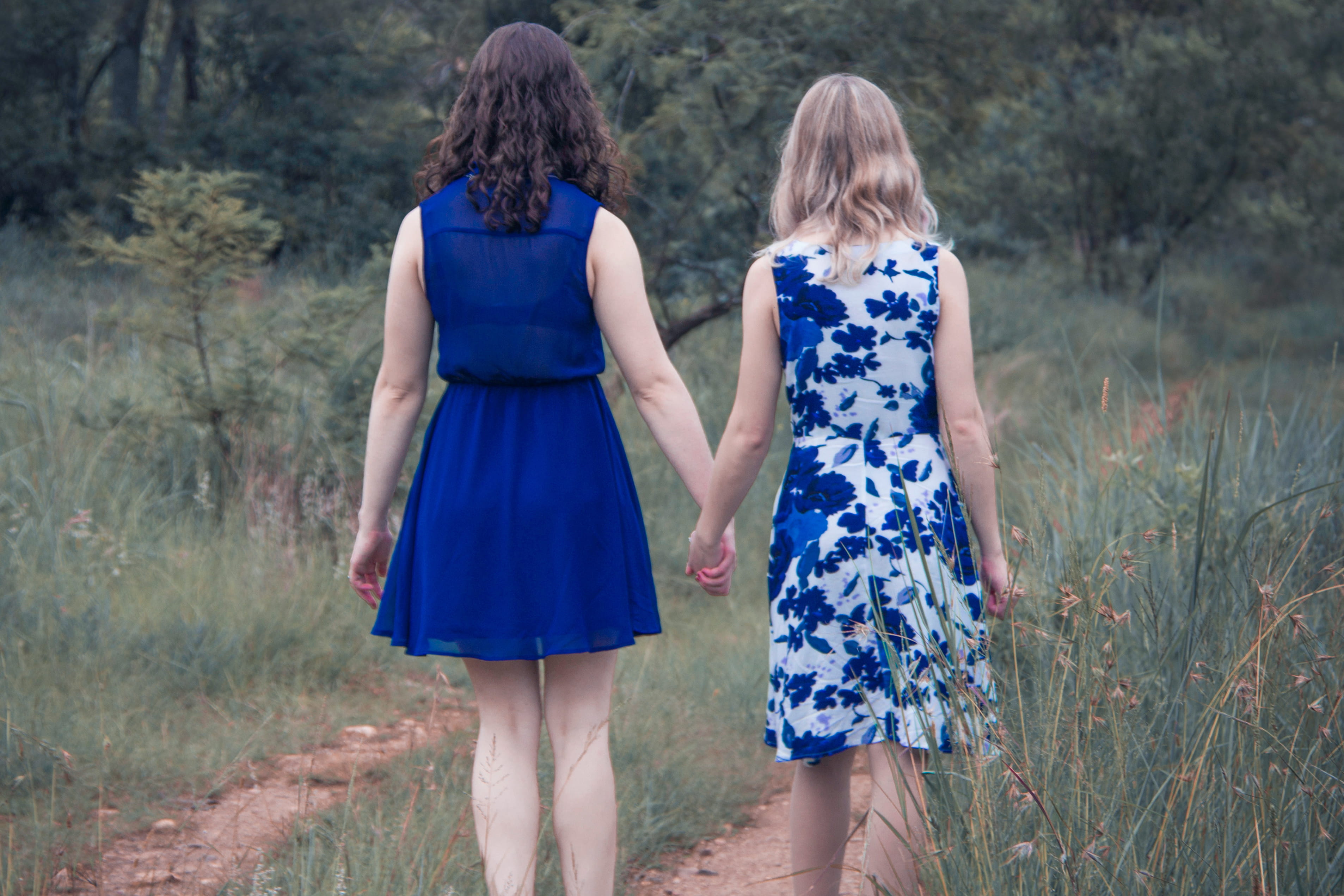 friendship, sister, dress, standing, holding hands, adult, skirt, people, clothing, girl, two people, nature, rear view, land, apparel, hand, hairstyle, HD Wallpaper