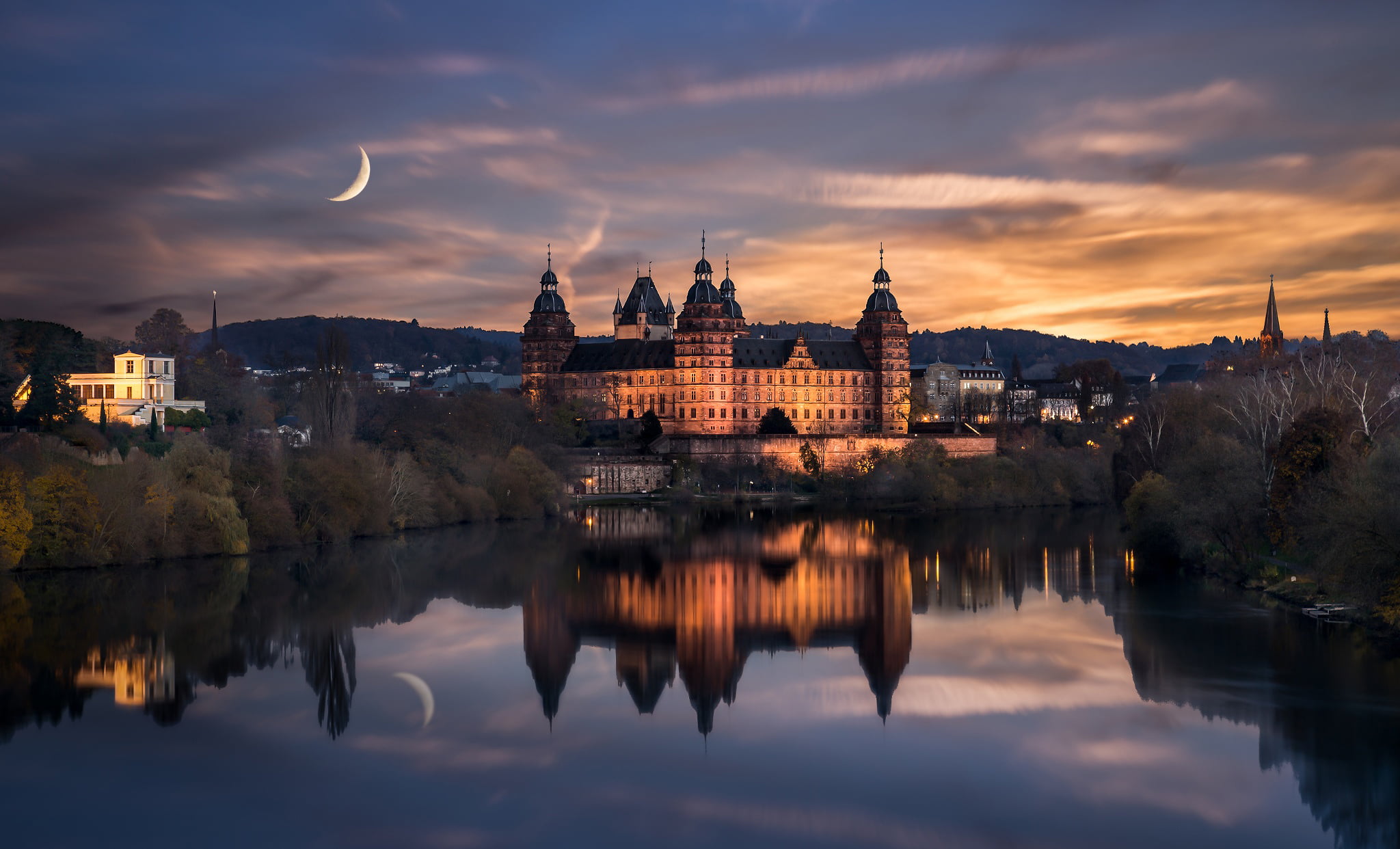 Renaissance, castle, architecture, Johannesburg, water, no people, reflection, city, building, the moon, outdoors, nature, river, the city, built structure, HD Wallpaper