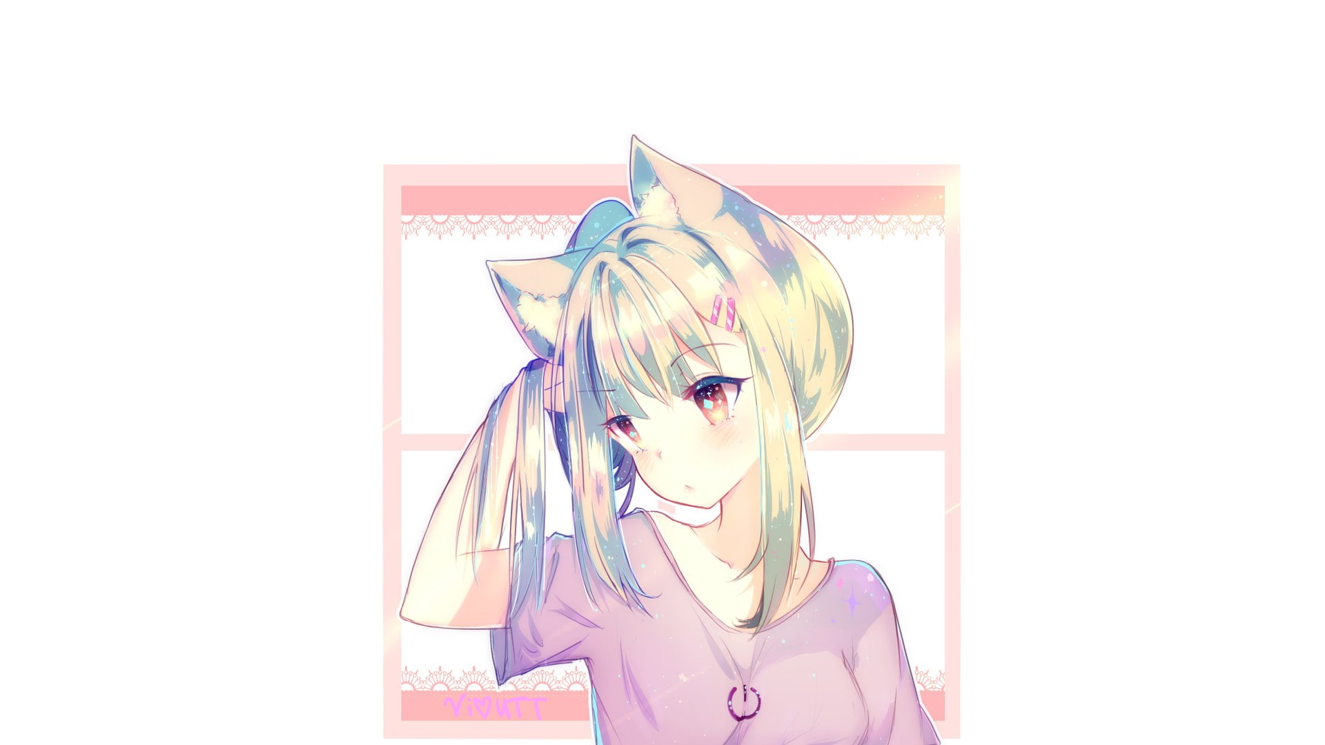 original characters, blonde, brown eyes, nekomimi, pink dress, 1080P, anime girls, HD Wallpaper