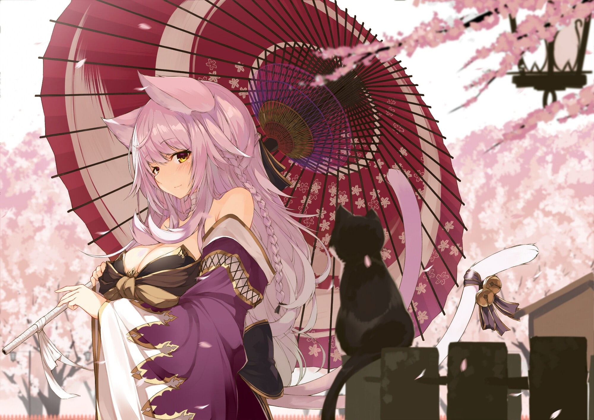 creativity, long hair, built structure, low angle view, umbrella, 1080P, nekomimi, human representation, yellow eyes, anime, tail, building exterior, outdoors, HD Wallpaper