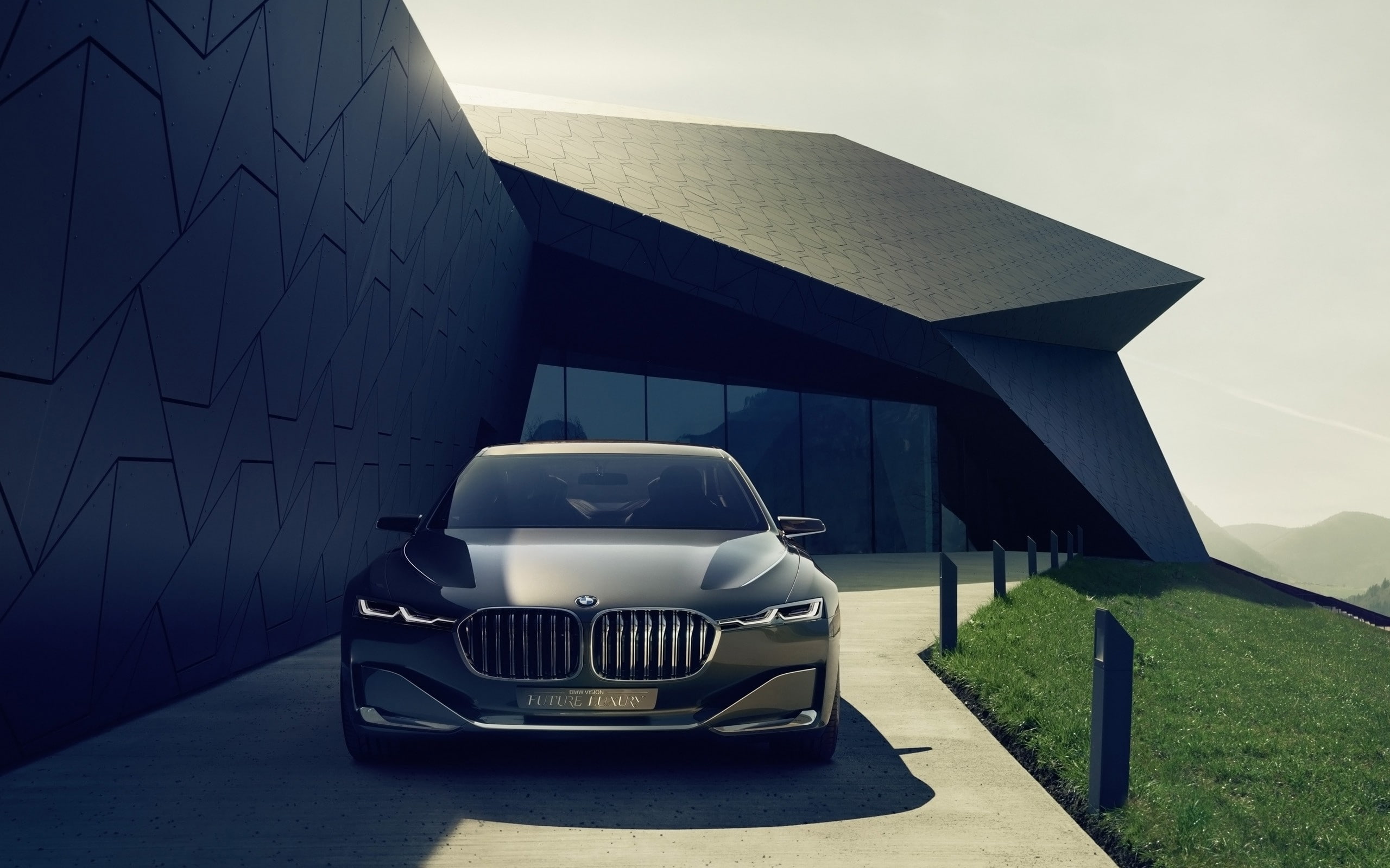grass, sunlight, glass, hills, house, architecture, landscape, nature, 2K, BMW Vision Future Luxury, car, BMW, modern, HD Wallpaper
