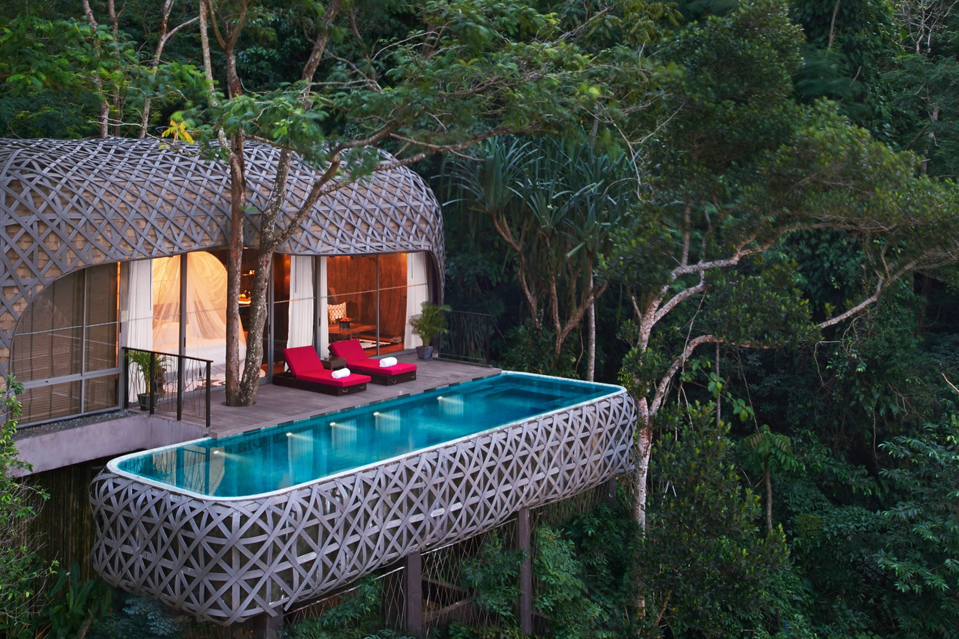 landscape, trees, nature, rainforest, 1080P, swimming pool, modern, house, architecture, lights, jungle, Thailand, HD Wallpaper