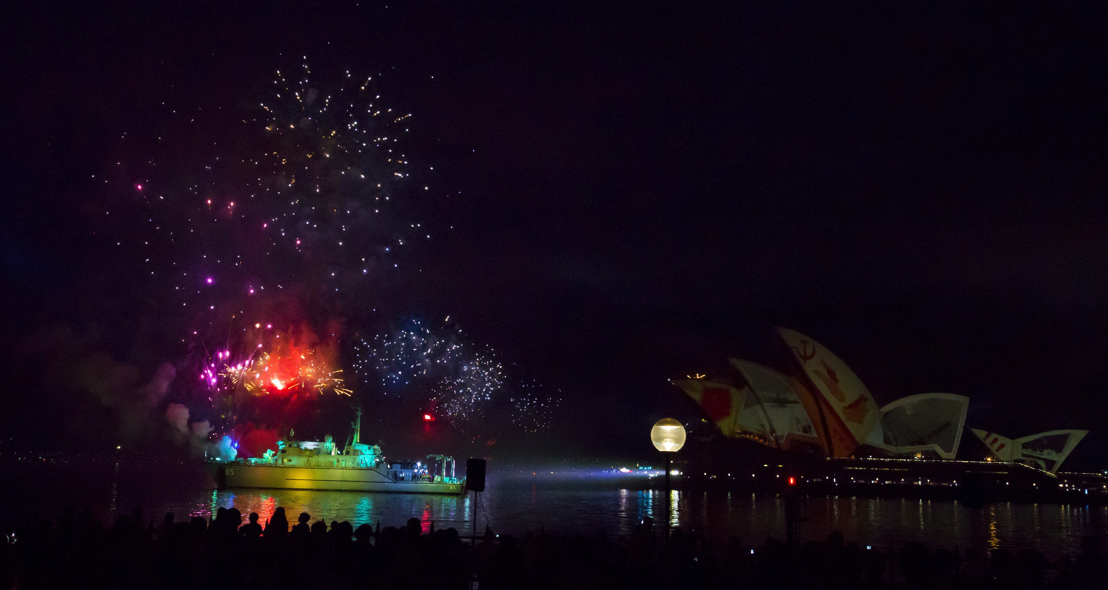 outdoors, 2K, night, building exterior, travel destinations, Sydney, event, new years eve, warship, water, built structure, firework display, cityscape, HD Wallpaper