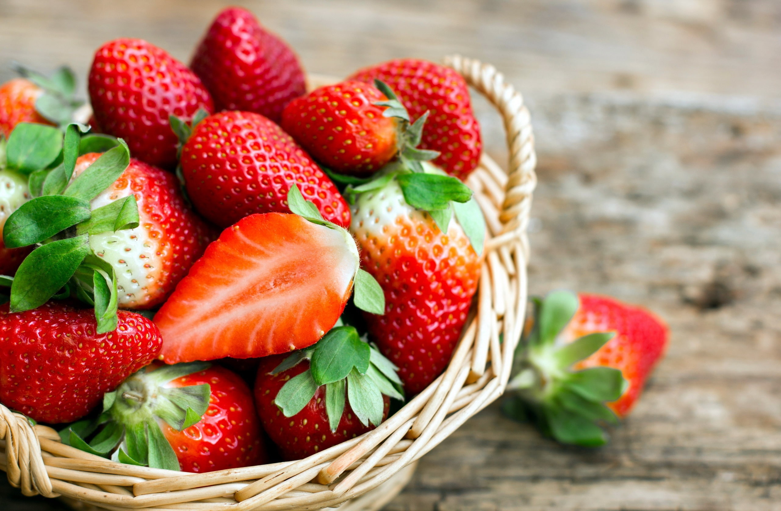 food and drink, leaf, no people, plant part, basket, fruit, healthy eating, still life, container, wood - material, red, strawberries, close-up, wicker, HD Wallpaper