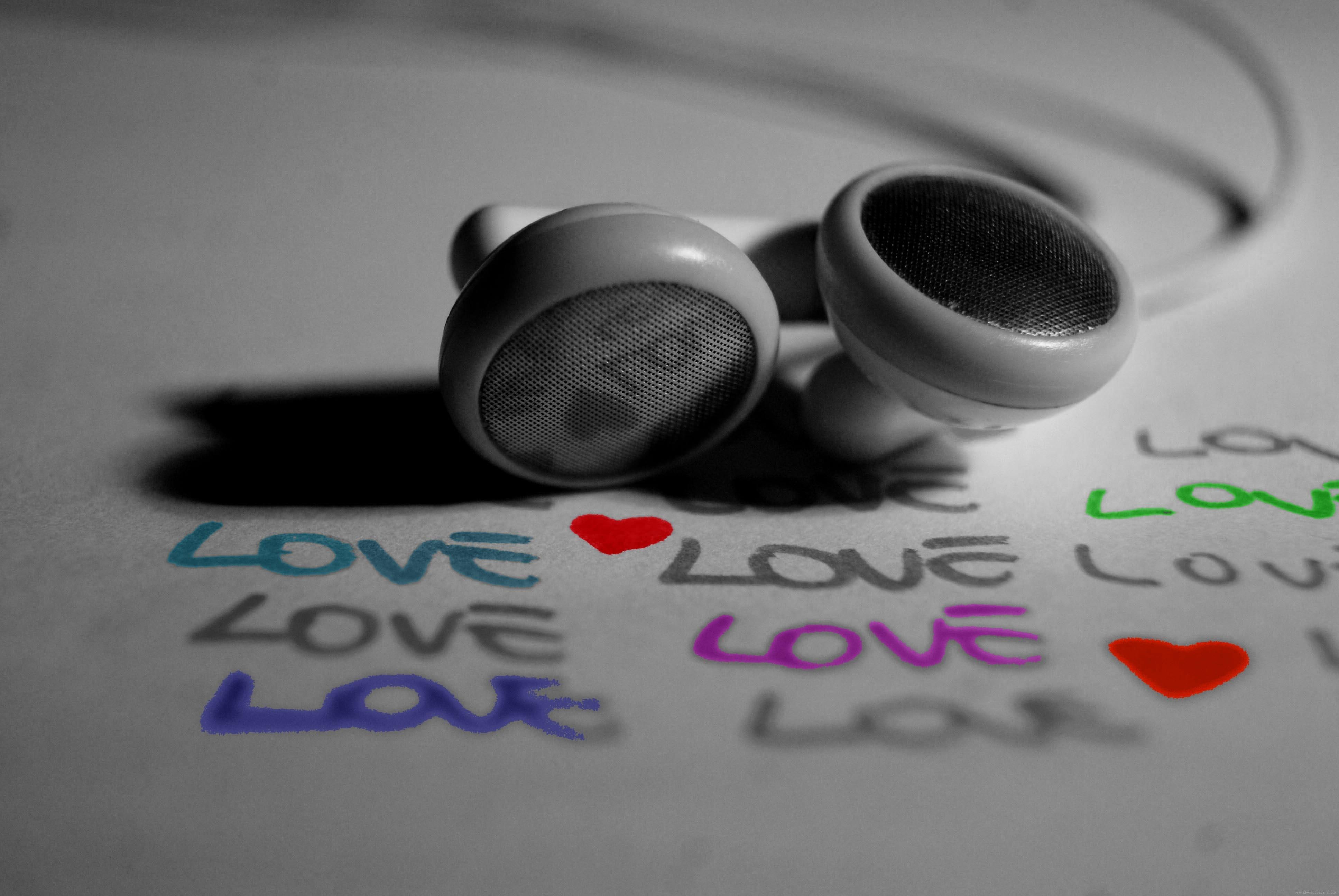 love, headphones, earphones, words, music, 4K, white, HD Wallpaper