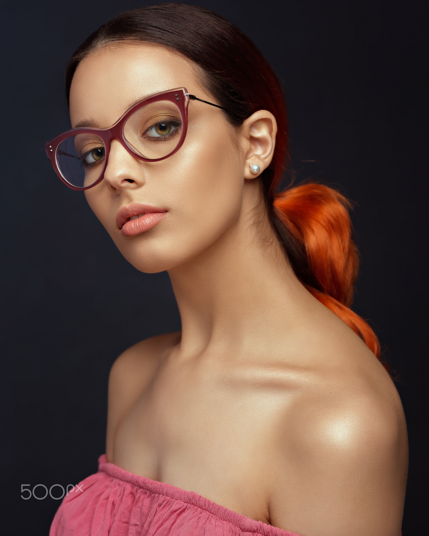 Ombre Hair, long hair, portrait, pink clothing, jewelry, brown eyes, lipstick, 1080P, women, dress, earring, eyeshadow, bare shoulders, glasses, Saulius Ke, Phone HD Wallpaper