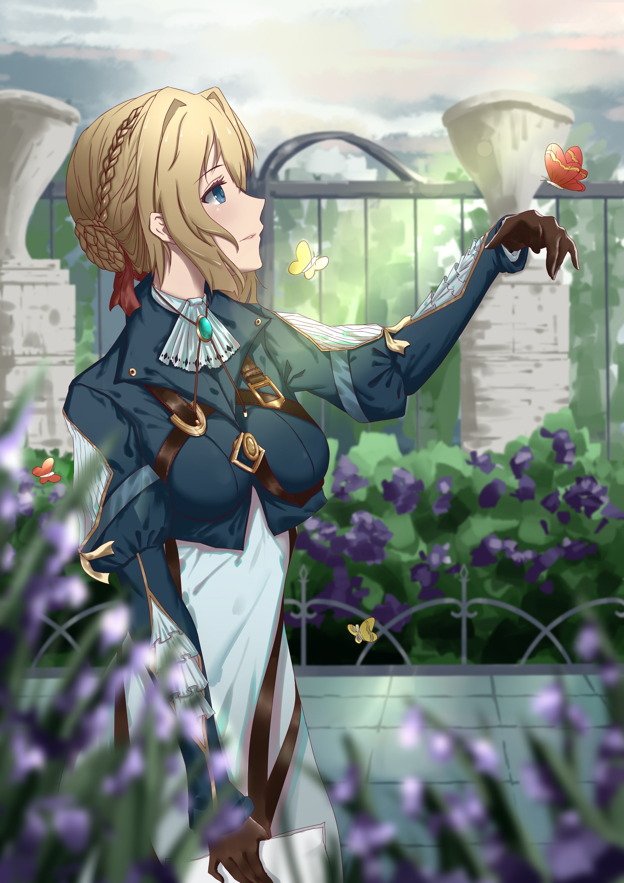 profile view, retail display, adult, standing, Anime, store, one person, blonde, butterfly, flowers, consumerism, clothing, glass - material, outdoors, Phone HD Wallpaper