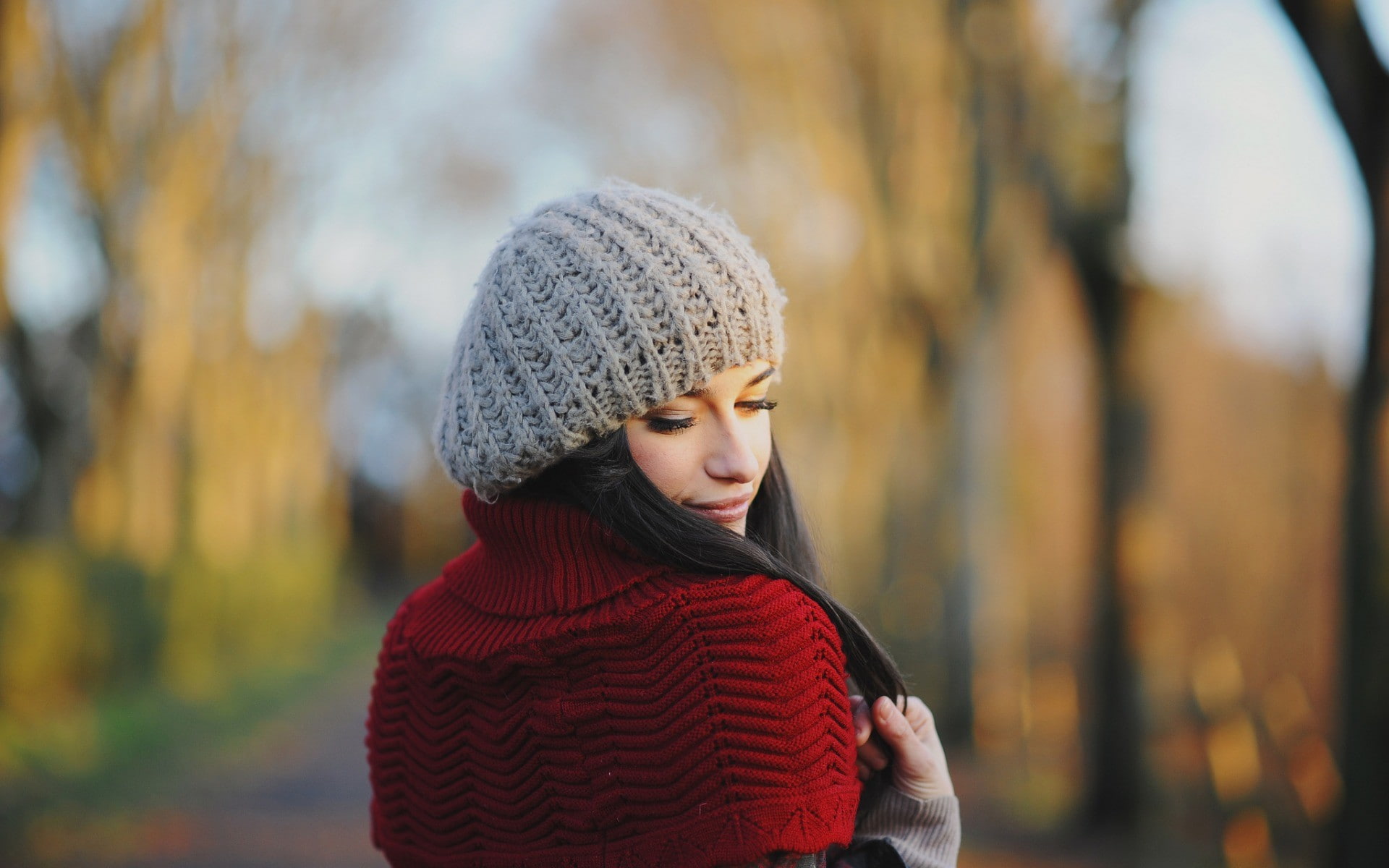 brunette, women outdoors, looking away, rear view, knit hat, women, millinery, 1080P, HD Wallpaper