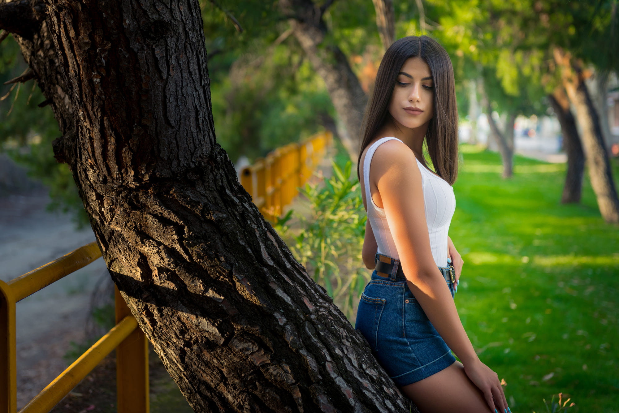 beauty, looking away, young adult, beautiful woman, jean shorts, young women, trees, outdoors, adult, real people, face, tree, one person, women, side view, HD Wallpaper