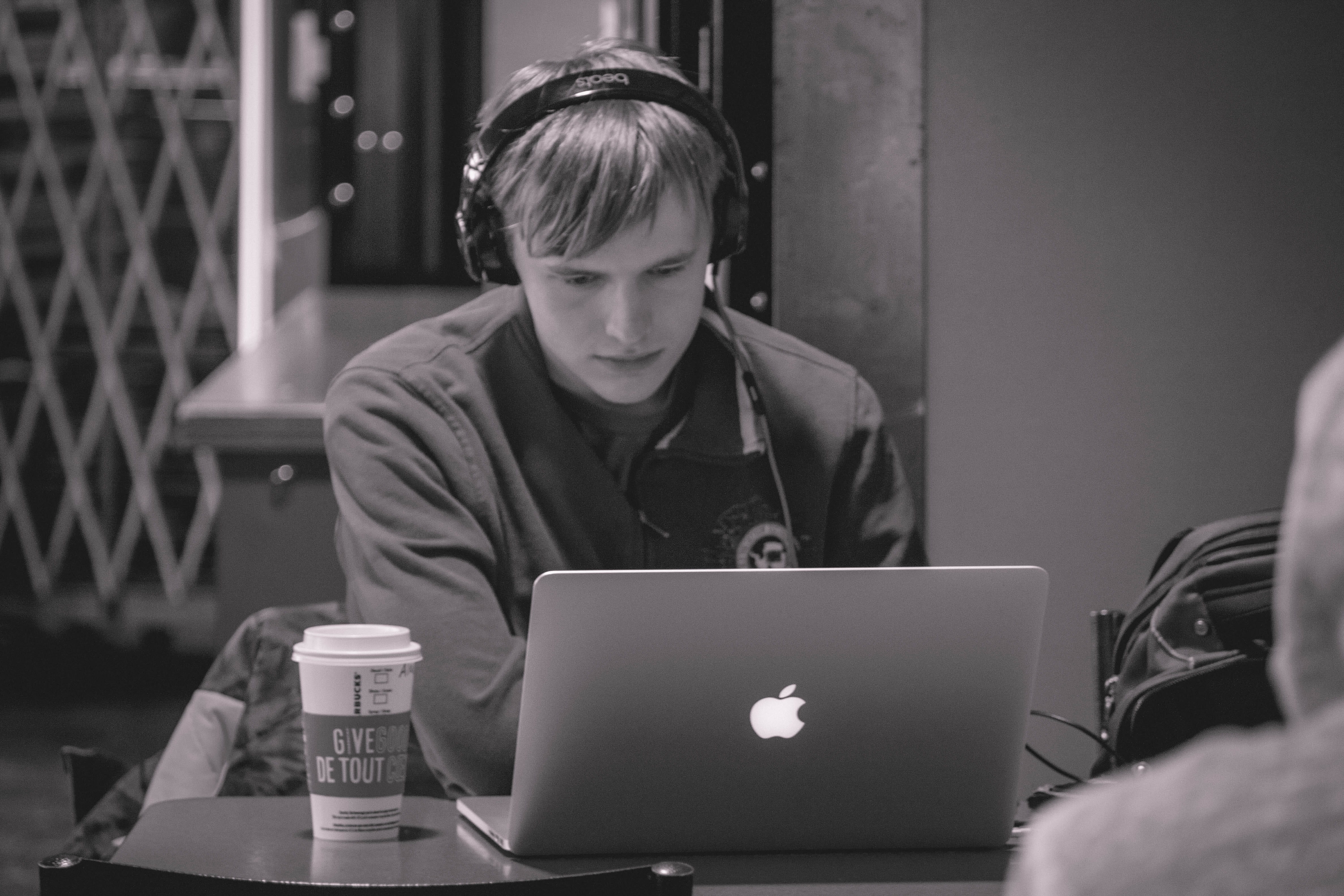 cup, indoors, wireless technology, bnw, computer network, table, music, surfing the net, drink, technology, men, portrait, using laptop, teenager, front view, HD Wallpaper