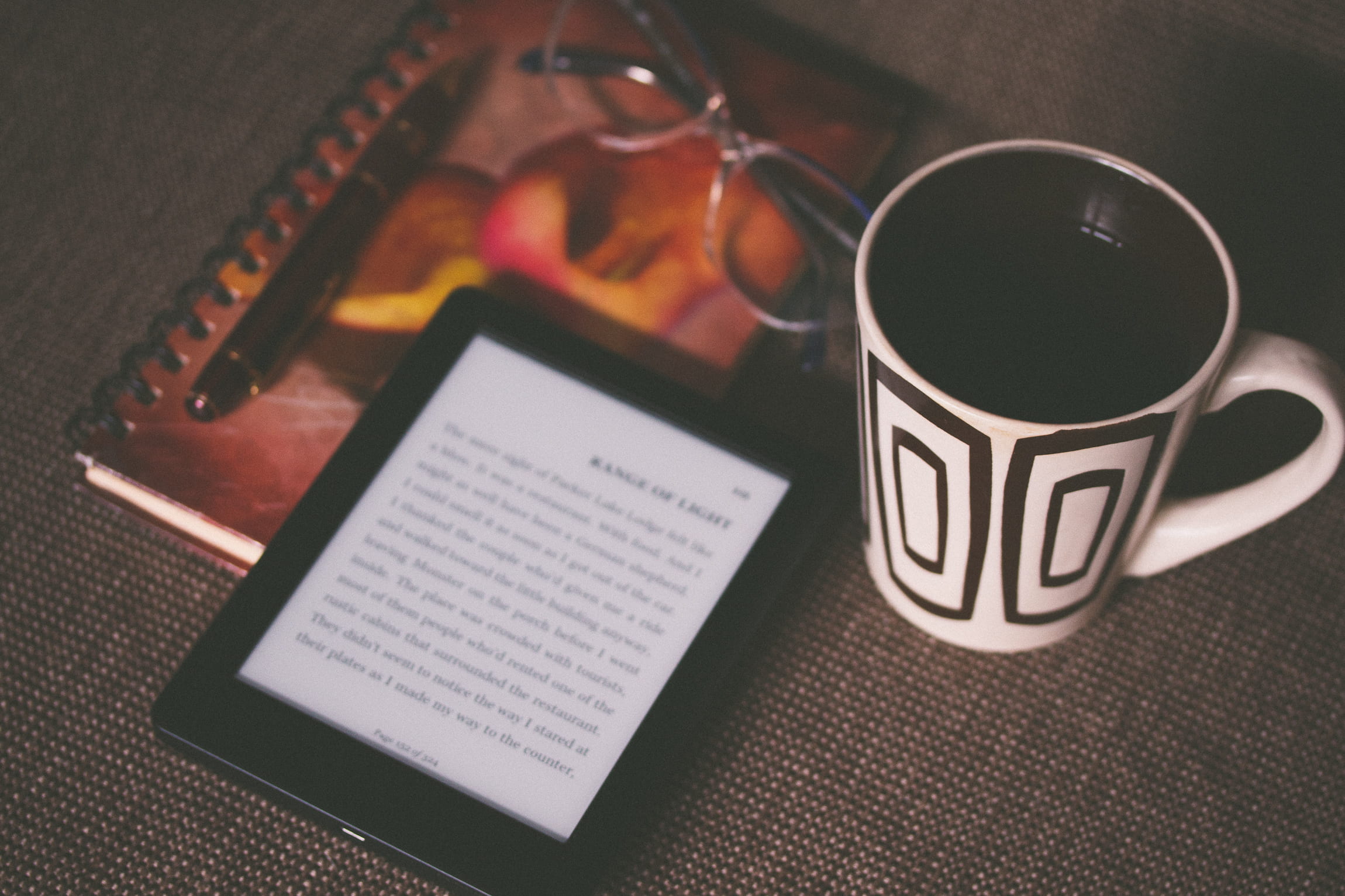 no people, journal, kindle, coffee cup, paper, healthy eating, tablet, communication, 1080P, reading, refreshment, drink, table, black, note, high angle view, HD Wallpaper