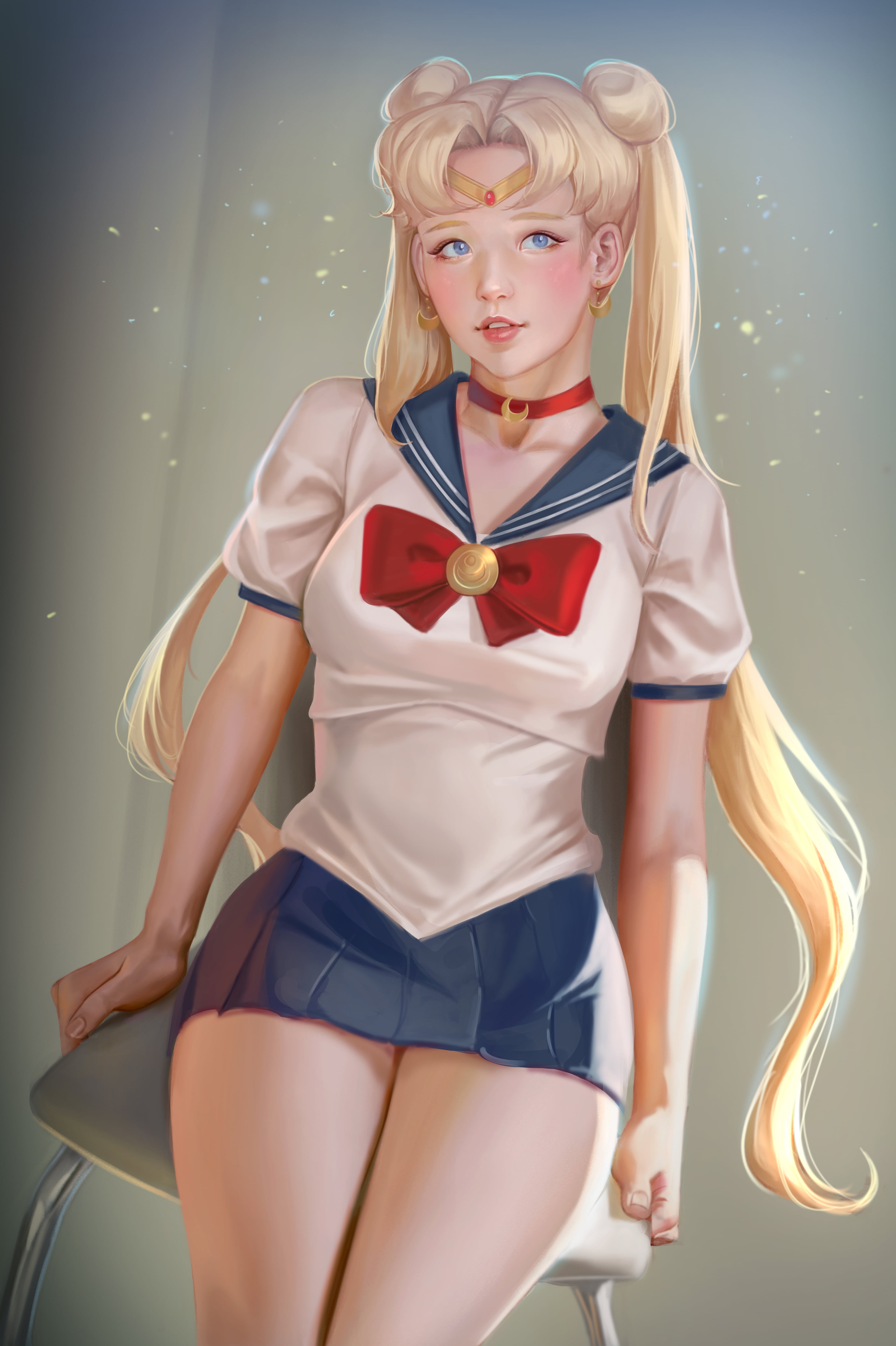 choker, twintails, Tsukino Usagi, 2D, blue eyes, anime girls, tiaras, illustration, fan art, anime, digital art, HooBaMon, sailor uniform, blonde, drawing, Phone HD Wallpaper