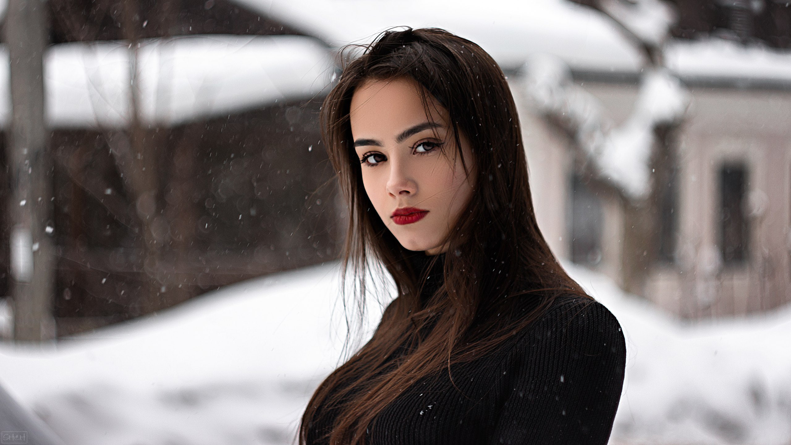 winter, cold, sweater, portrait, red lipstick, snow, makeup, dark hair, black sweater, 2K, brown eyes, model, long hair, women outdoors, women, HD Wallpaper